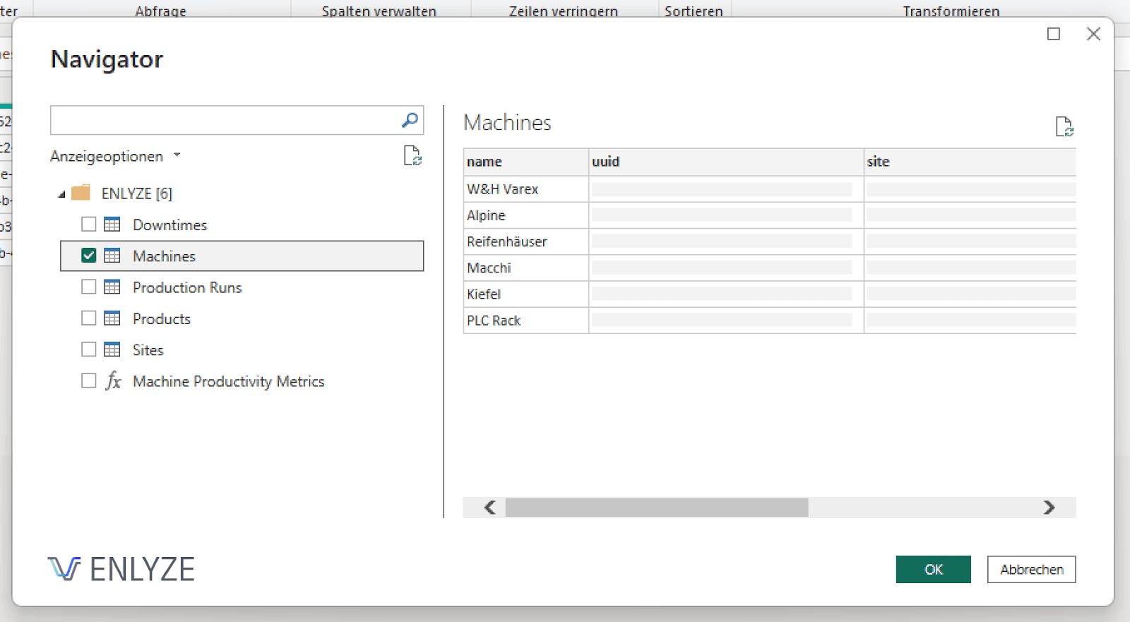 Caption: Übersicht zur Übertragung der OEE-relevanten Daten für einzelne Anlagen in Power BI