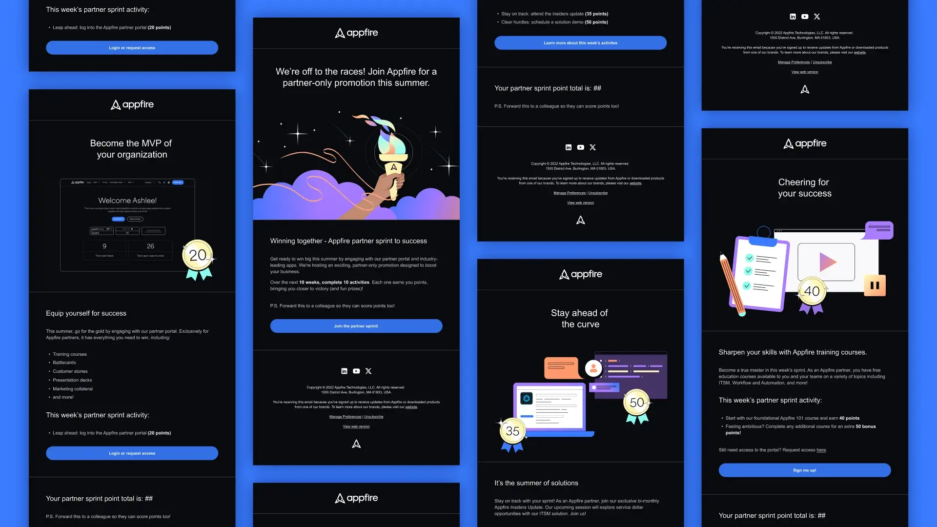 Grid of Appfire partner sprint email designs, including 'Become the MVP of your organization', 'We're off to the races', and 'Stay ahead of the curve', each with point-badge graphics on a blue background.