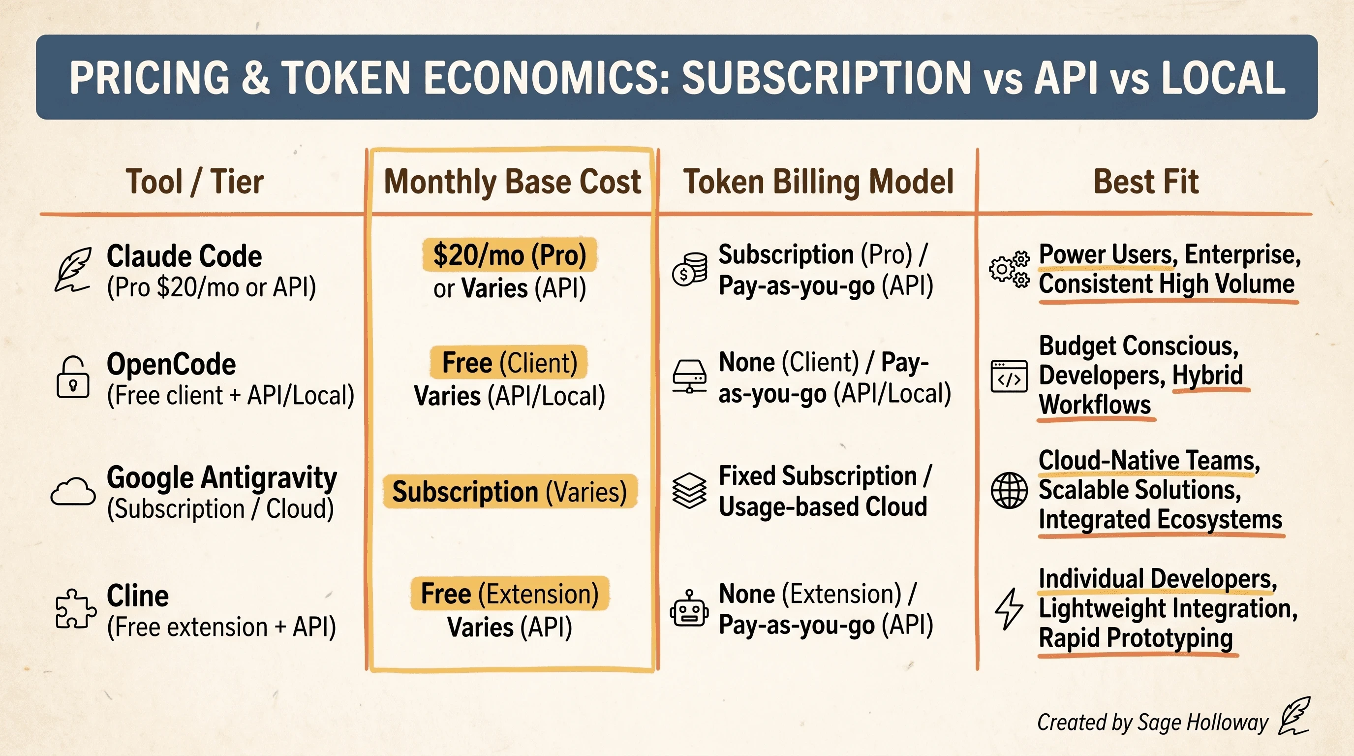 Pricing and token cost comparison table for terminal AI coding tools