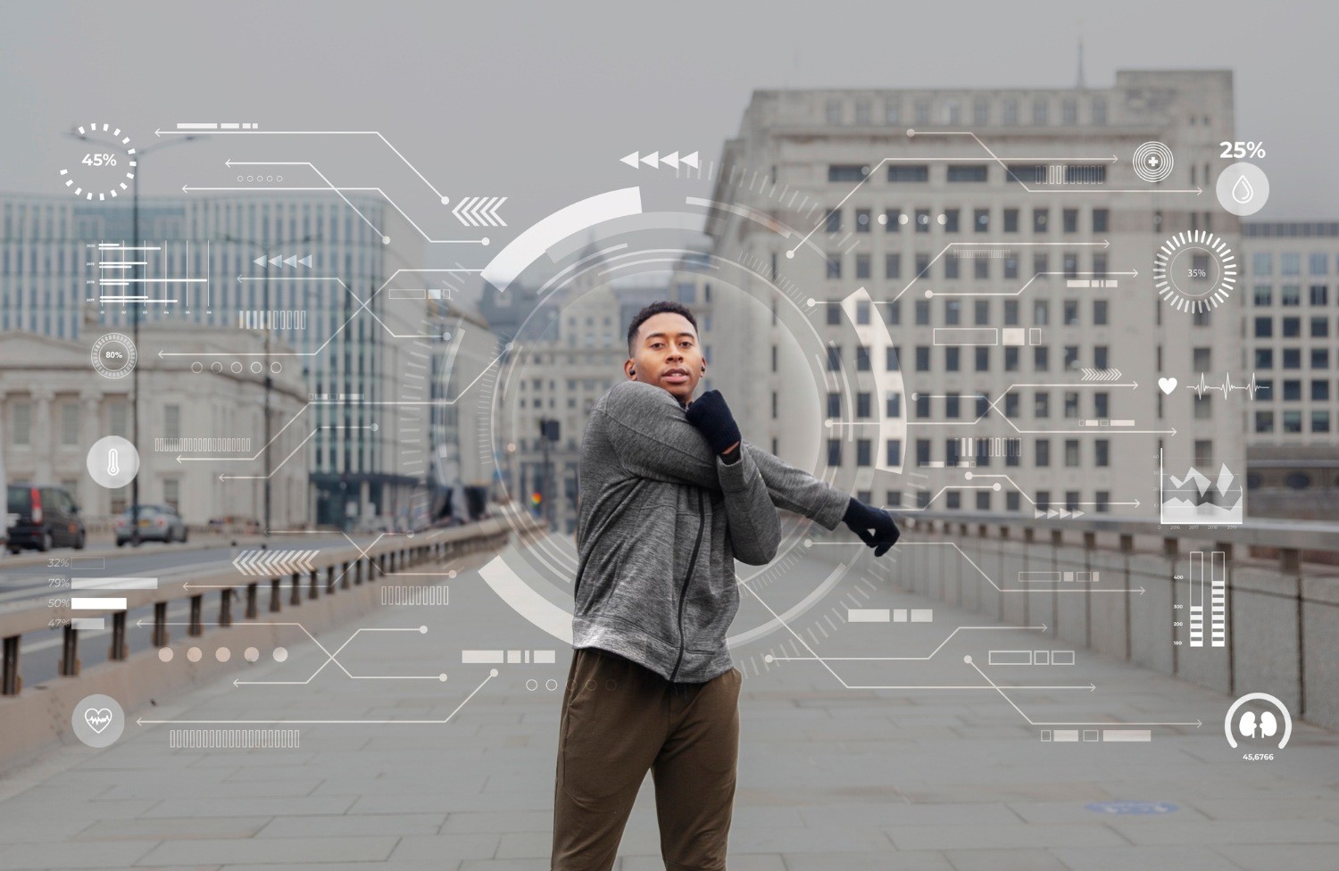 Sportowiec przygotowujący się do treningu z wizualizacją danych i statystyk treningowych