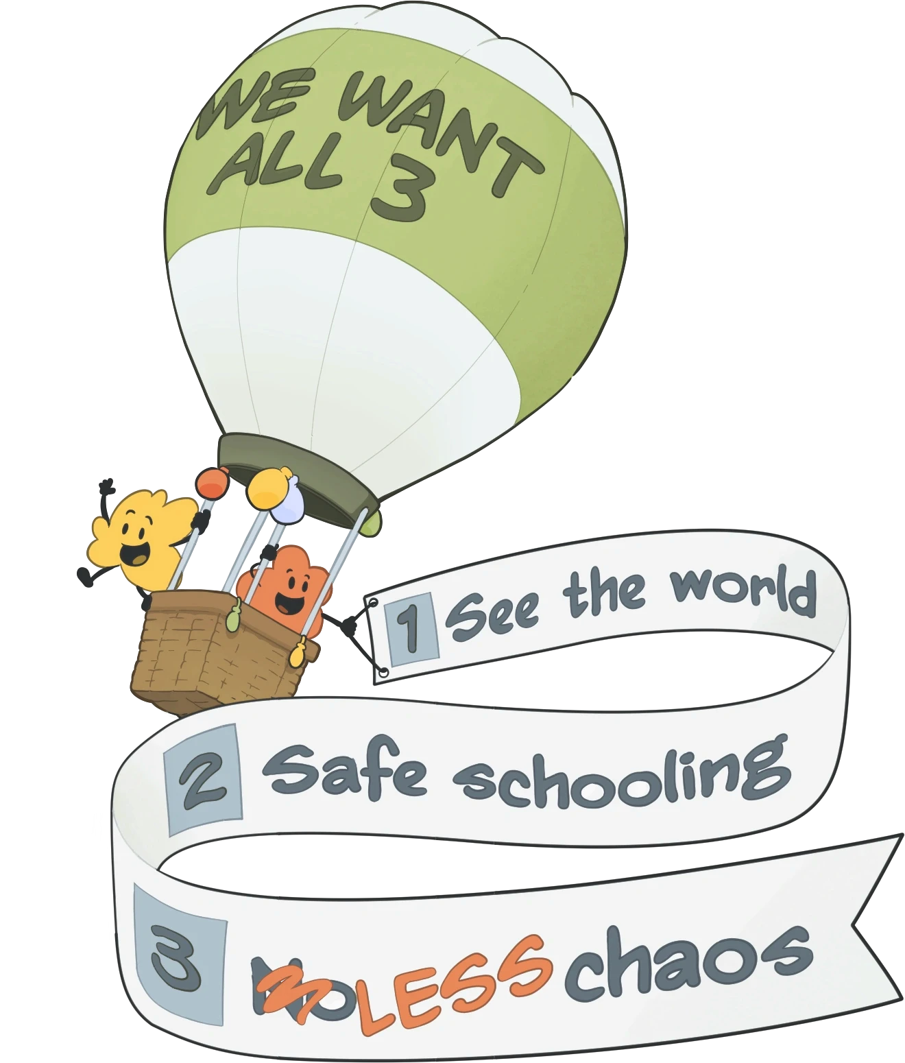 Cartoon hot-air balloon labeled “WE WANT ALL 3” carrying three characters; a ribbon reads “1 See the world, 2 Safe schooling, 3 LESS chaos” with “NO” crossed out.
