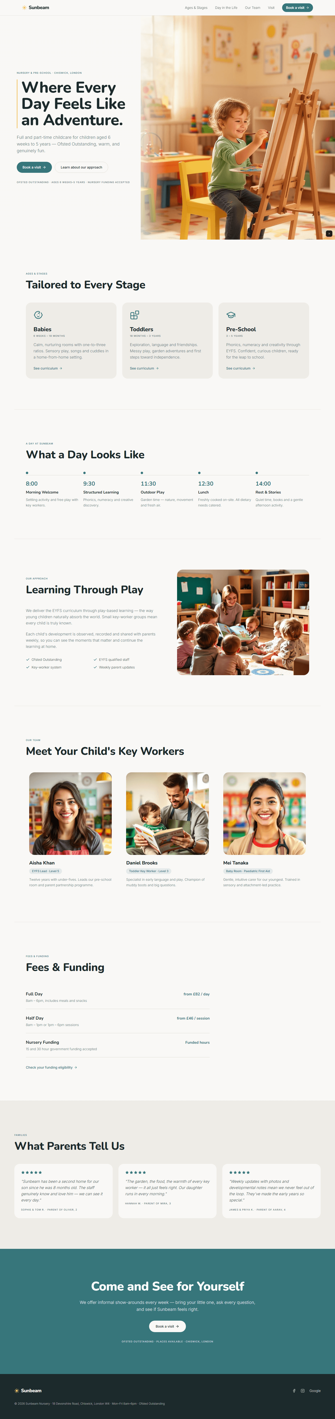 Childcare nursery website prompt full preview — warm white #faf8f2 background with deep teal #2a6b73 primary and warm yellow #f0d060 accent, Nunito 800 hero headline in warm gradient content panel over right-side full-bleed nursery photography, three age group cards for Babies Toddlers and Pre-School with Framer Motion scale stagger on scroll, horizontal day in the life timetable with five time slots in teal, and fees and funding section with three clean price rows