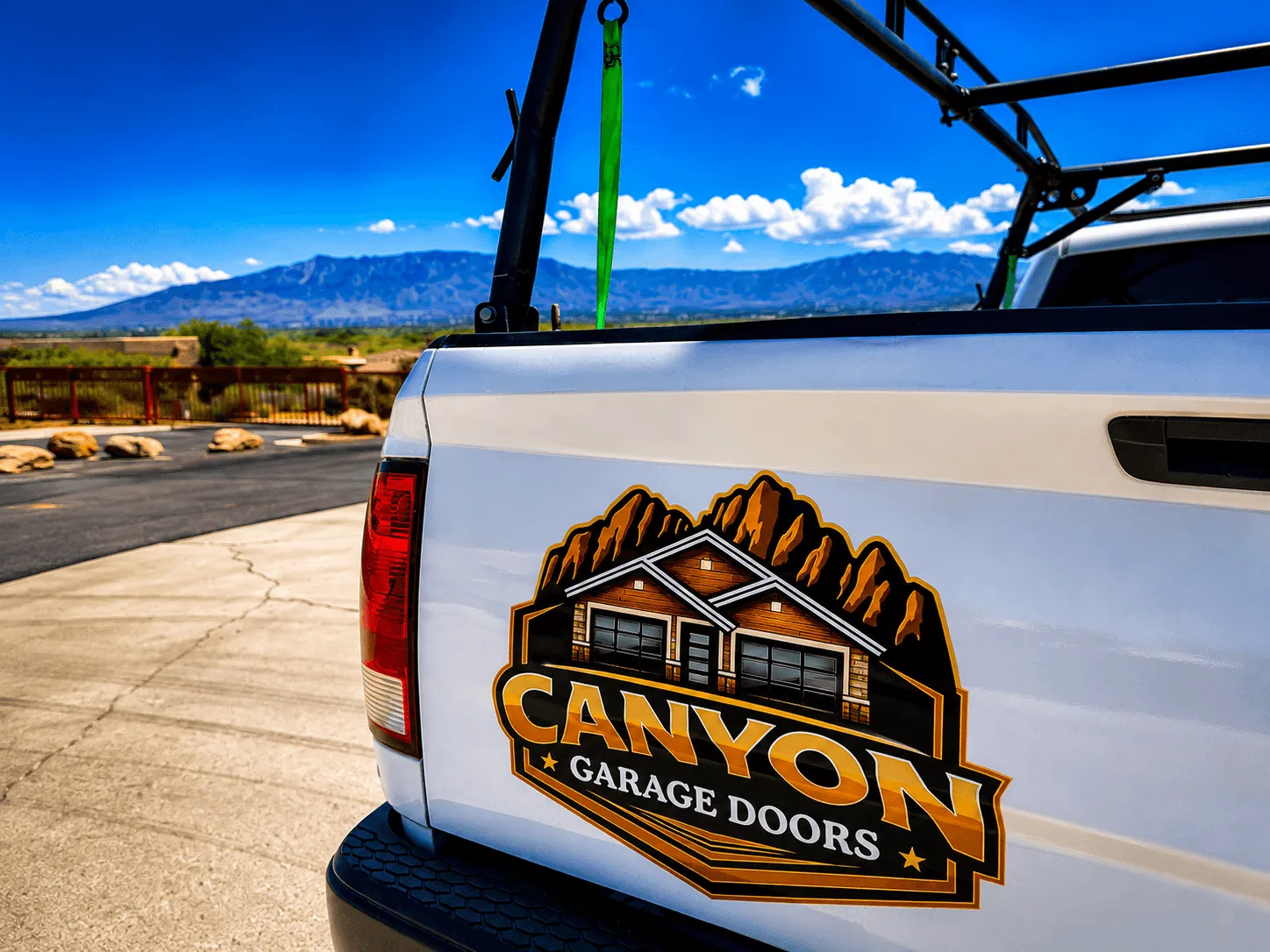 Canyon Garage Doors truck logo. Your local garage door repair Rio Rancho NM.
