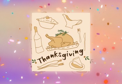 Illustrated turkey surrounded by autumn icons and confetti with text “Thanksgiving.”