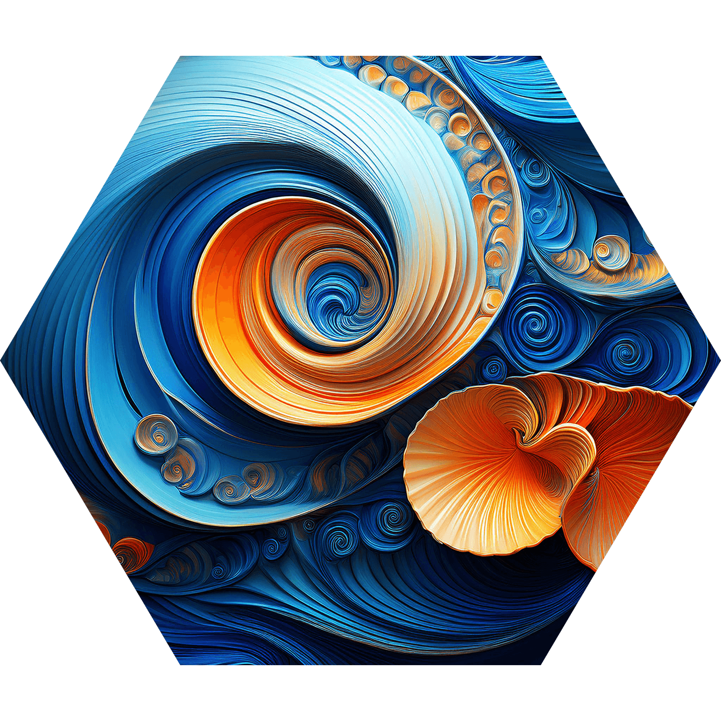 An AI-generated abstract painting featuring spirals, waves, and seashell motifs.