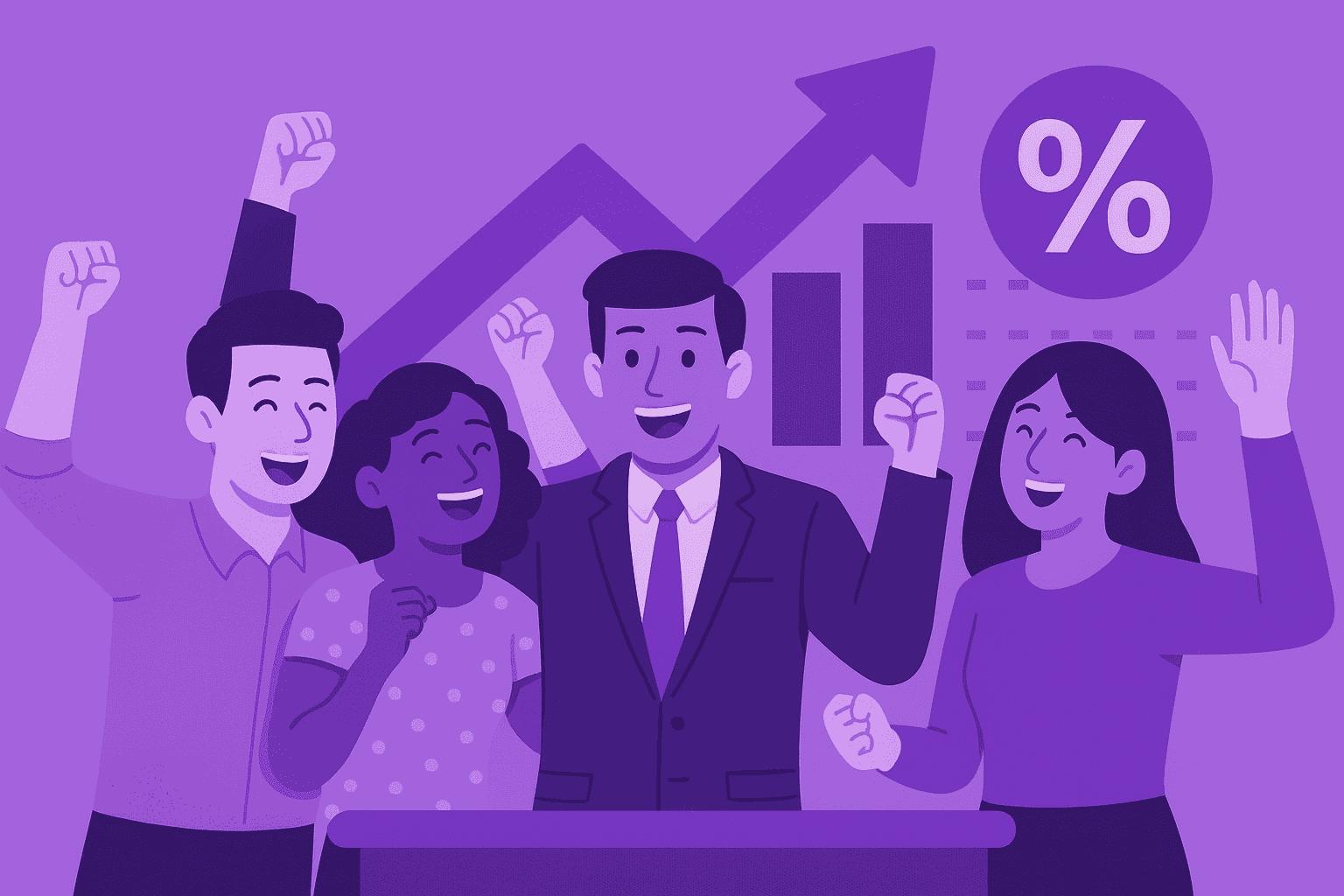 Flat-style digital illustration of a diverse team celebrating success with raised hands, smiling faces, and upward graphs behind them symbolizing improved productivity and performance growth.