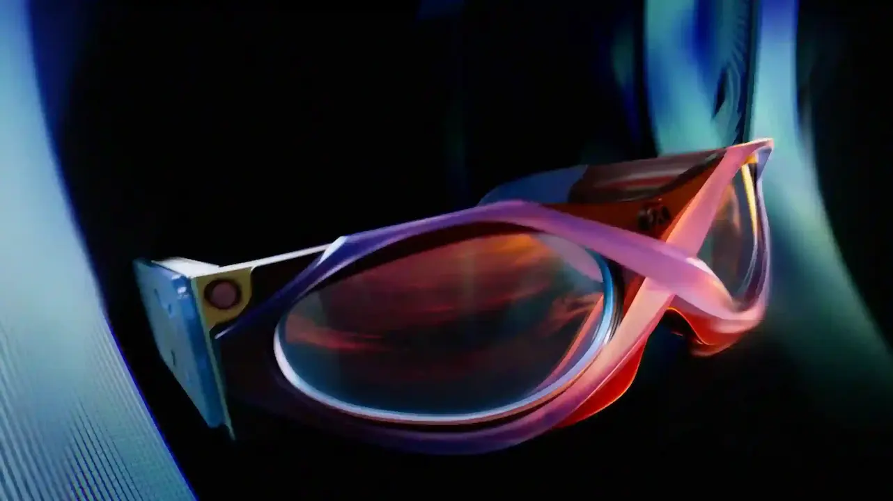 A macro 3D render of a purple metallic lens or frame with warm light reflections on a dark background