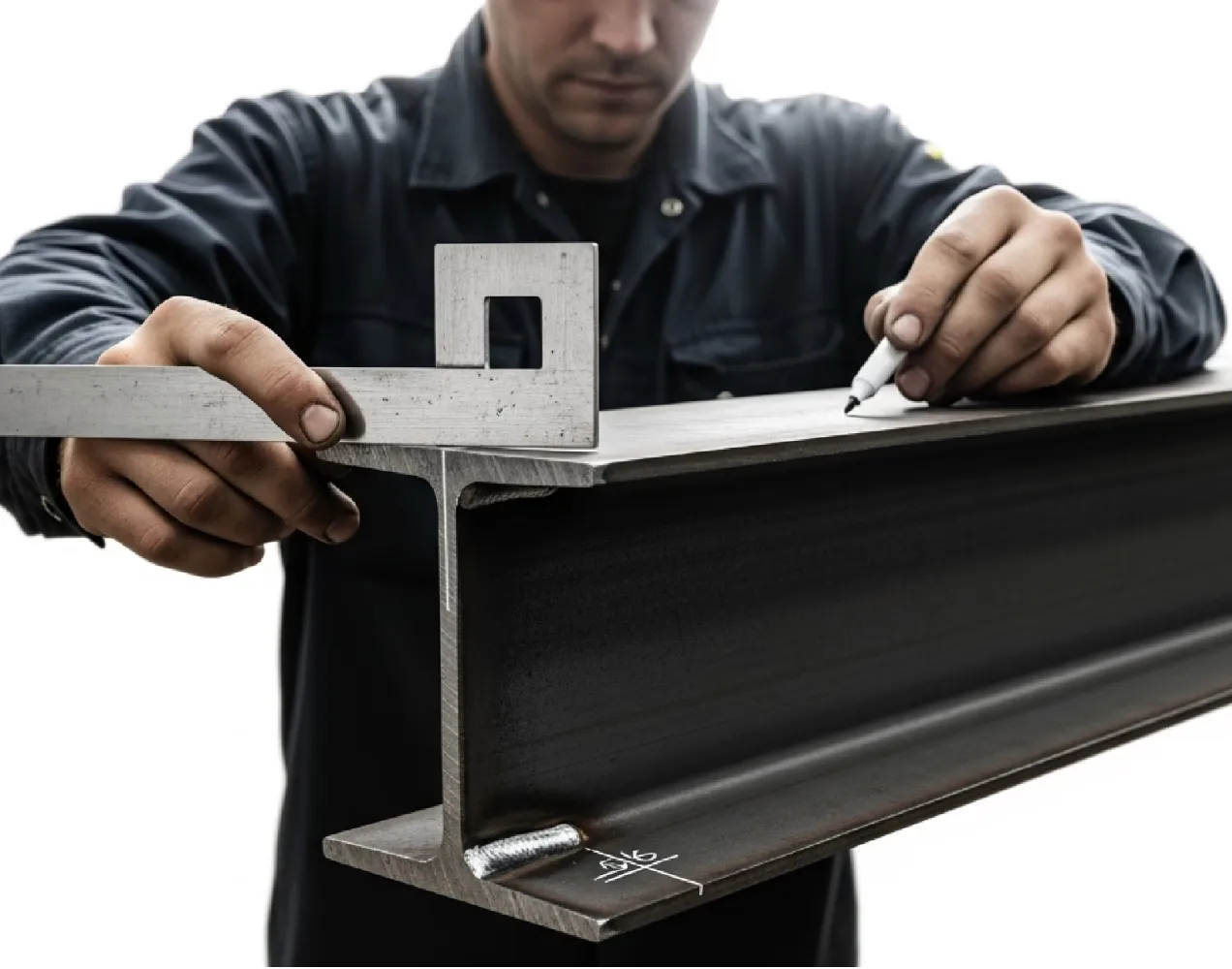 Steel I-beam measurement and marking during fabrication process to ensure dimensional accuracy