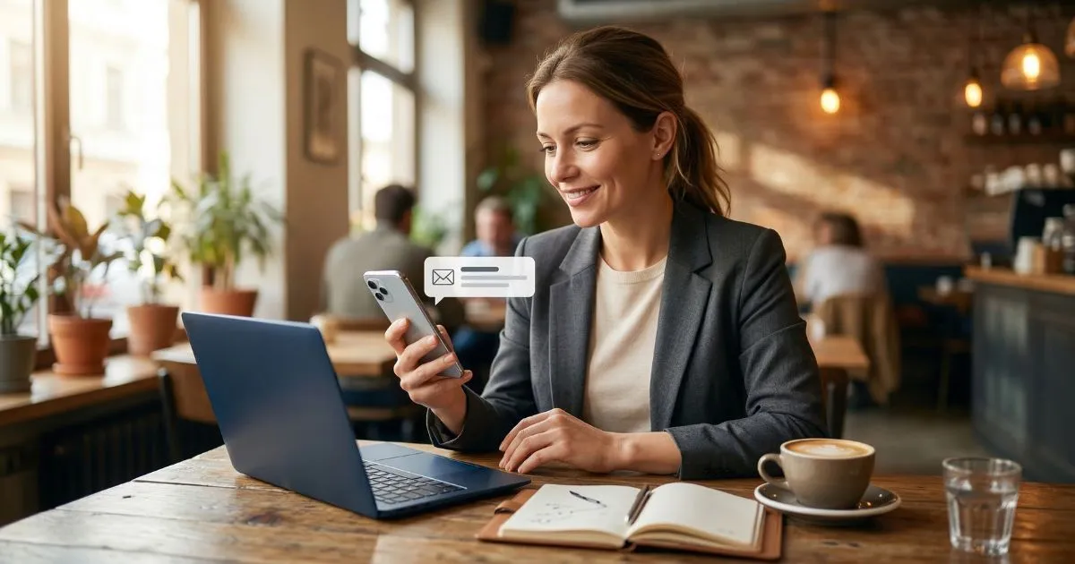 Real estate agent receiving an inbound client inquiry notification on their phone while at a coffee shop