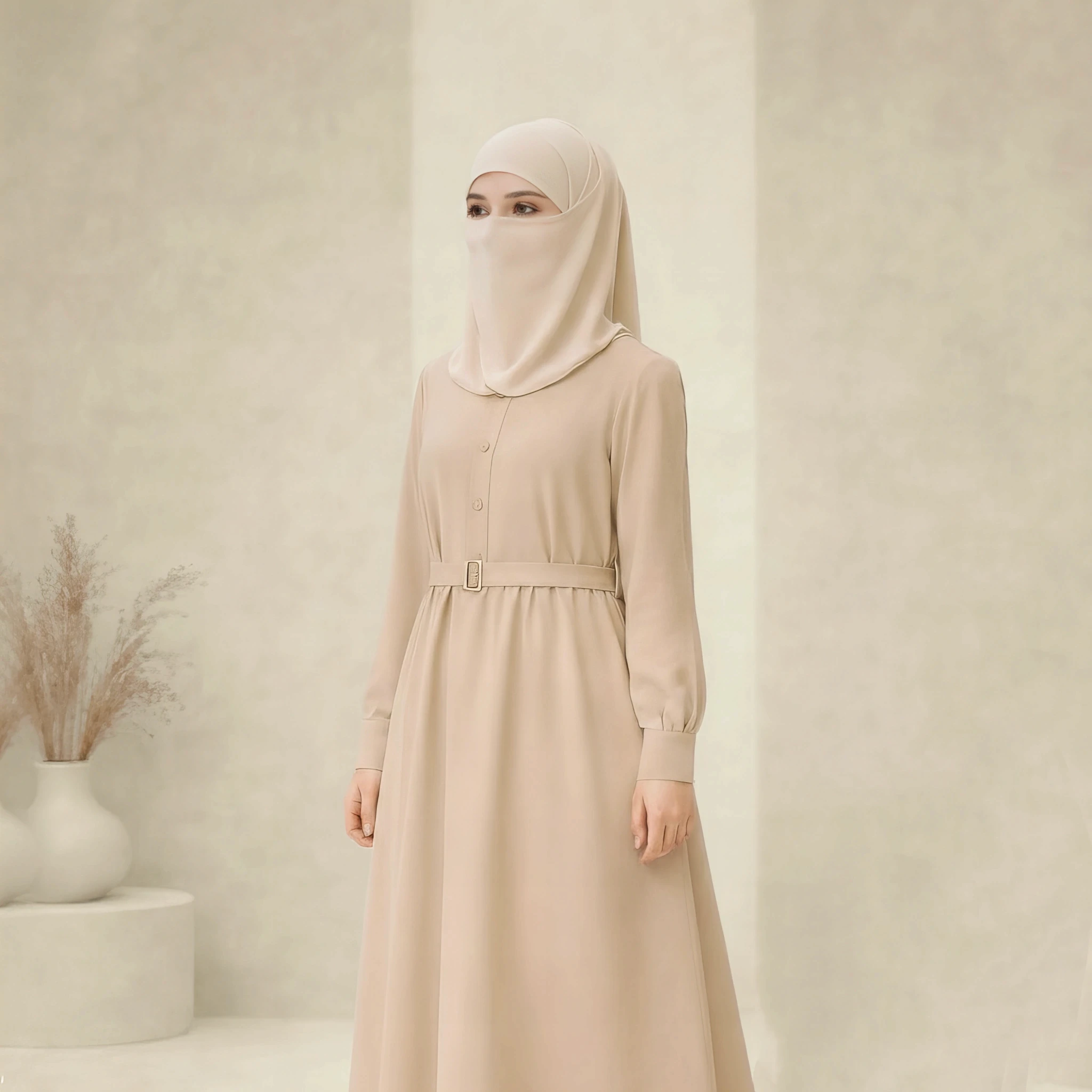 Pleated Midi Shirt Dress in Soft Beige