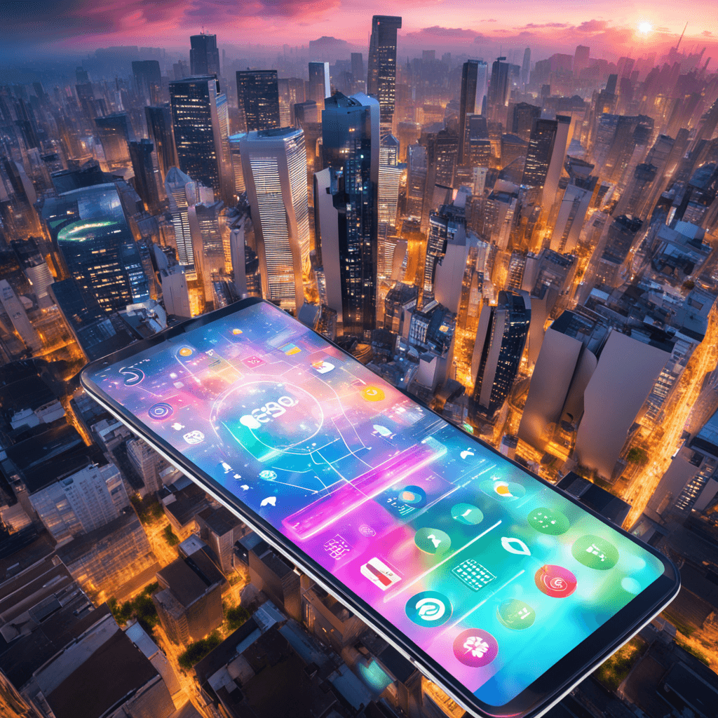 Uma imagem futurista representando o skyline de São Paulo com edifícios modernos e arranha-céus. No primeiro plano, vê-se um smartphone gigante flutuando, exibindo na tela vários ícones de apps coloridos e dinâmicos. Raios de luz saem do smartphone, conectando-se aos edifícios, simbolizando a integração da tecnologia com a cidade. Use cores vibrantes e um estilo semi-realista para capturar a energia e inovação de São Paulo.