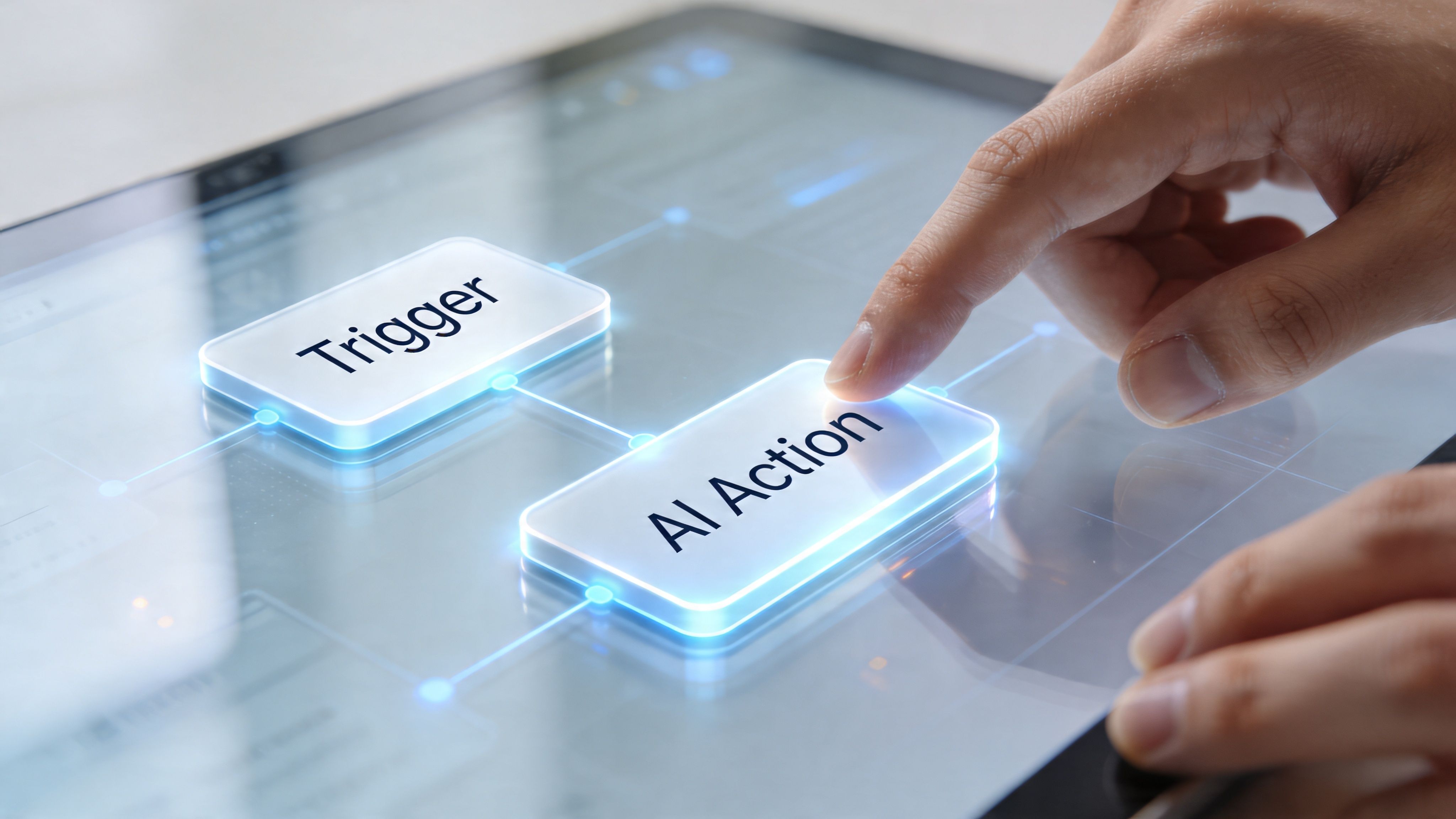 A human finger touching a glowing digital button labeled AI Action on a touchscreen tablet interface.
