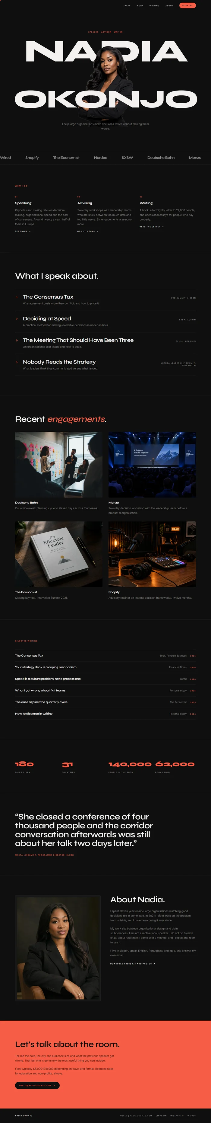 Full page of an AI-generated personal brand website with name and portrait hero, talks, selected work, writing and booking