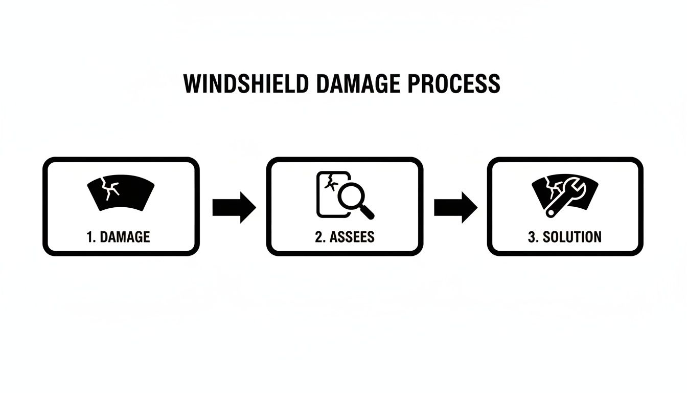 Diagram illustrating a three-step windshield damage process: damage identification, assessment, and repair solution.