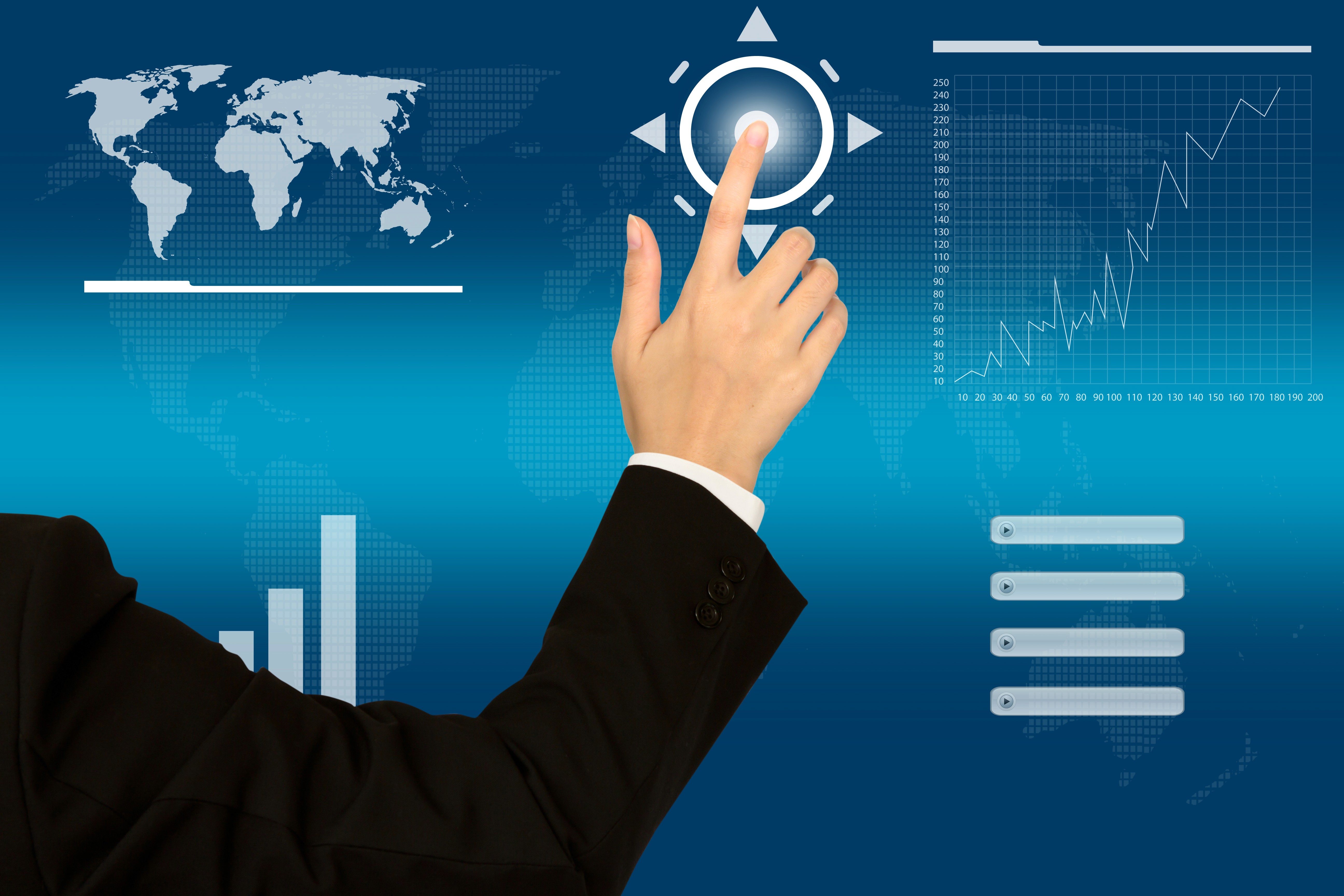 Rear view of a businessman touching a virtual round button on a digital interface, symbolizing technology, innovation, and modern business interaction