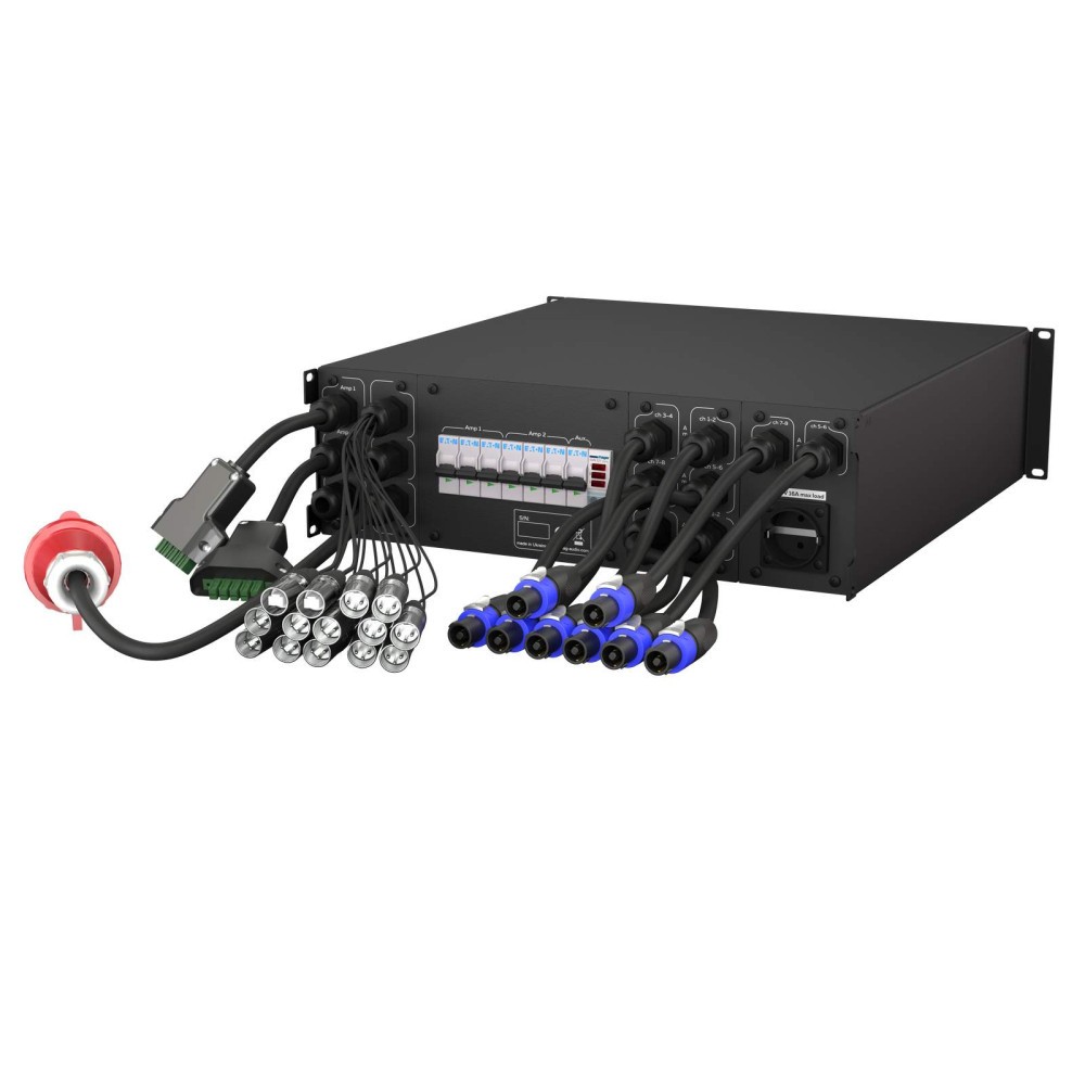 Black audio amplifier with many input/output cables.