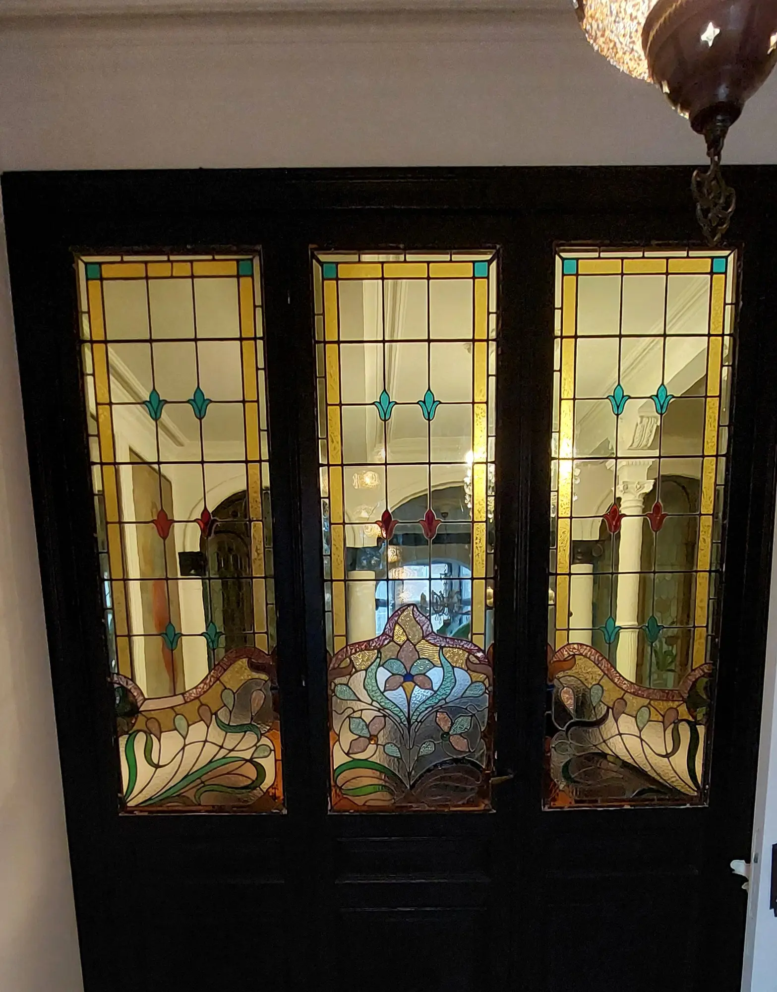 Set van drie loodglazen deurpanelen in Art-Nouveau - na restauratie - Lier