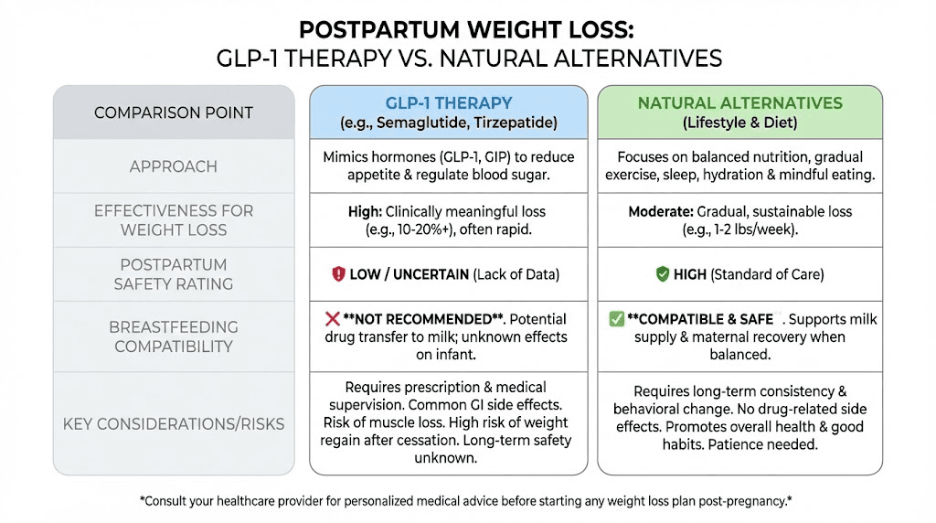 Postpartum weight loss options comparison chart for breastfeeding mothers