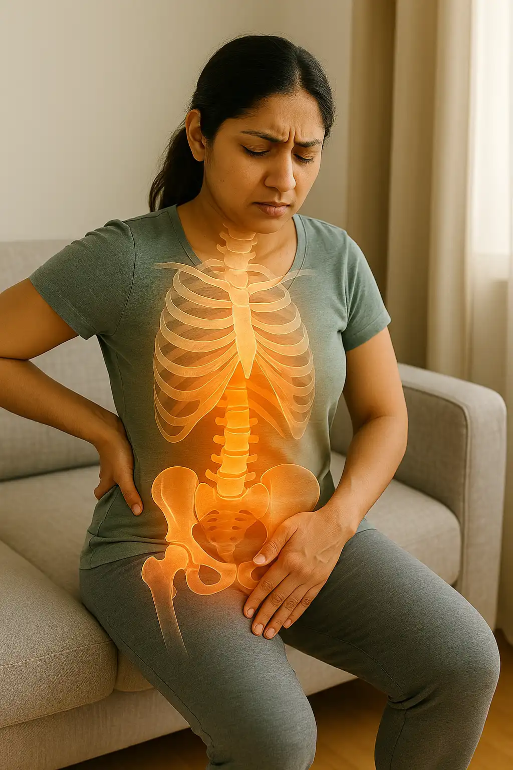 Woman holding her lower back and abdomen with highlighted spine and pelvis, depicting core instability, posture problems, and chronic back pain.