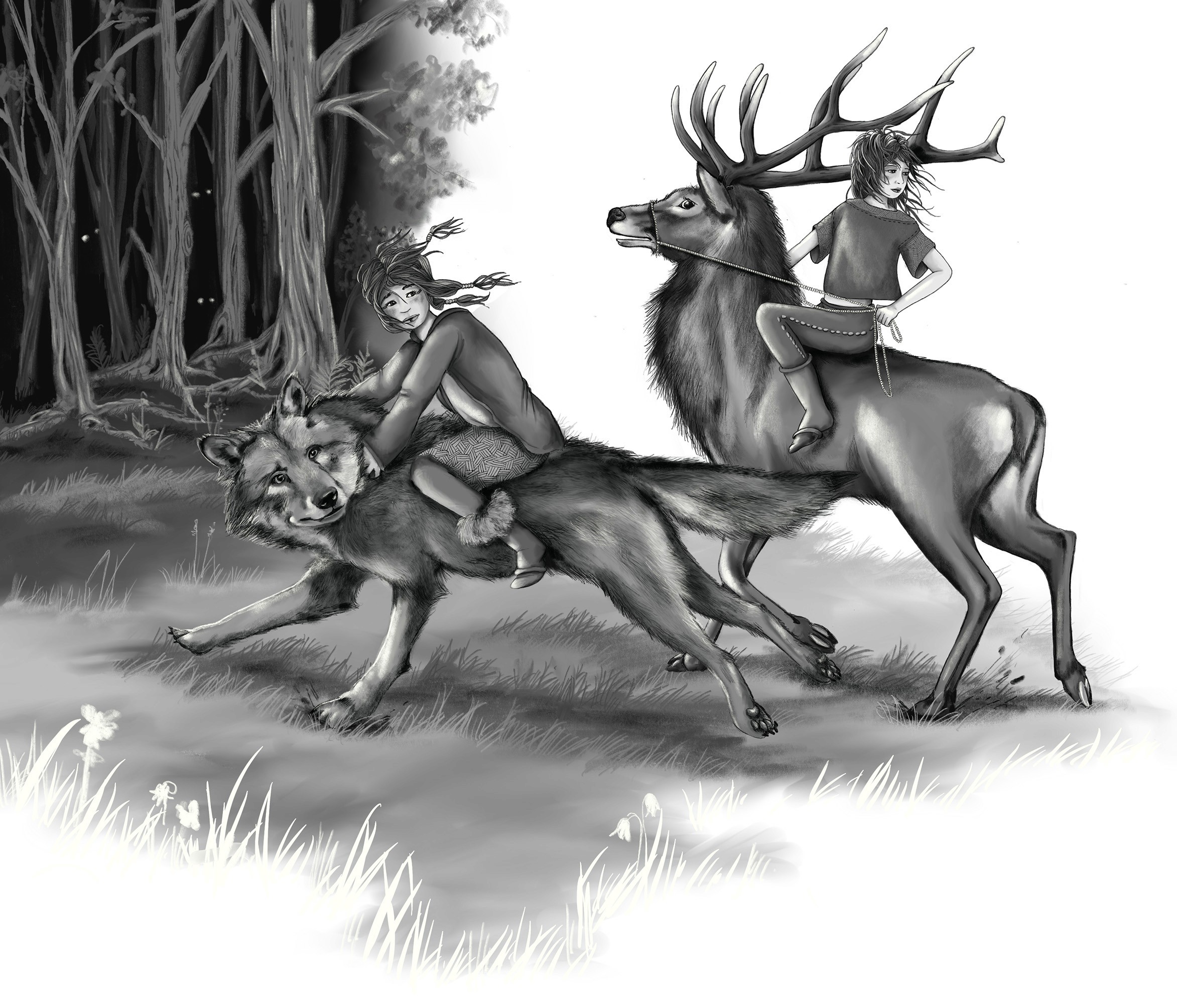 Ein  Mädchen flieht auf einem Wolf reitend, neben ihr ein Mädchen was auf einem HIrsch reitet. Schwarz weiß