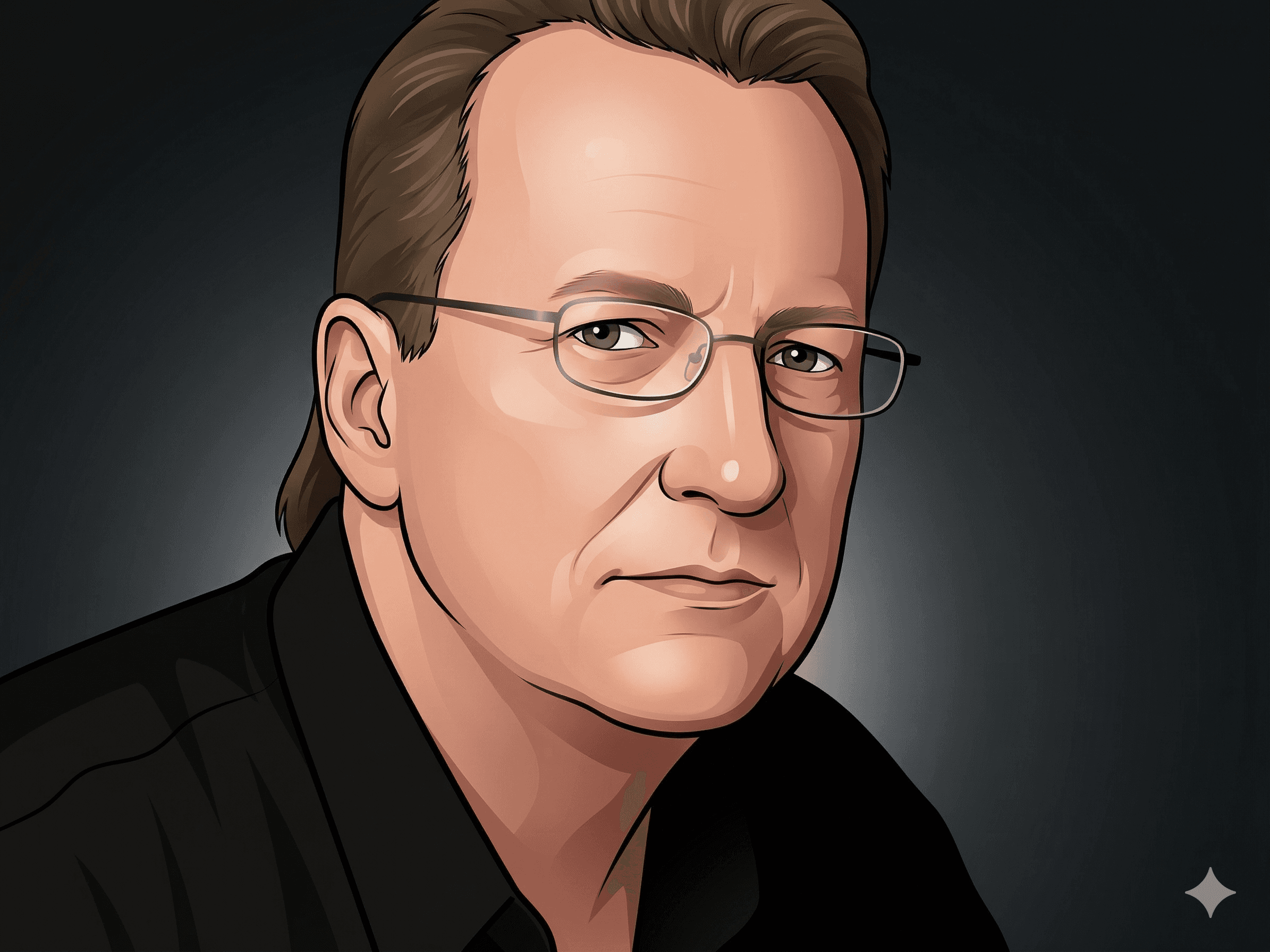 Illustrated headshot of Marcus Sterling wearing glasses and dark blazer against a dark grey background with neutral expression.