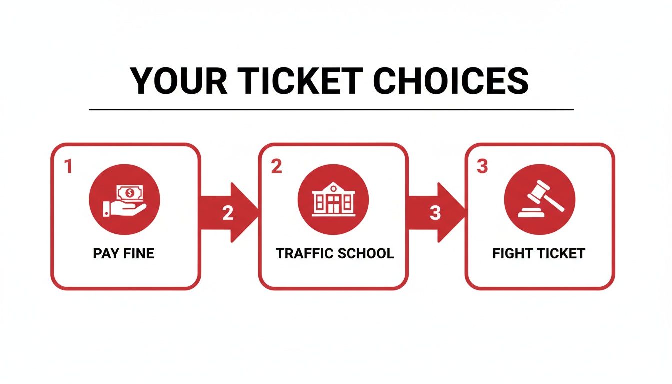 A visual guide outlining three choices for handling a traffic ticket: pay fine, traffic school, or fight ticket.