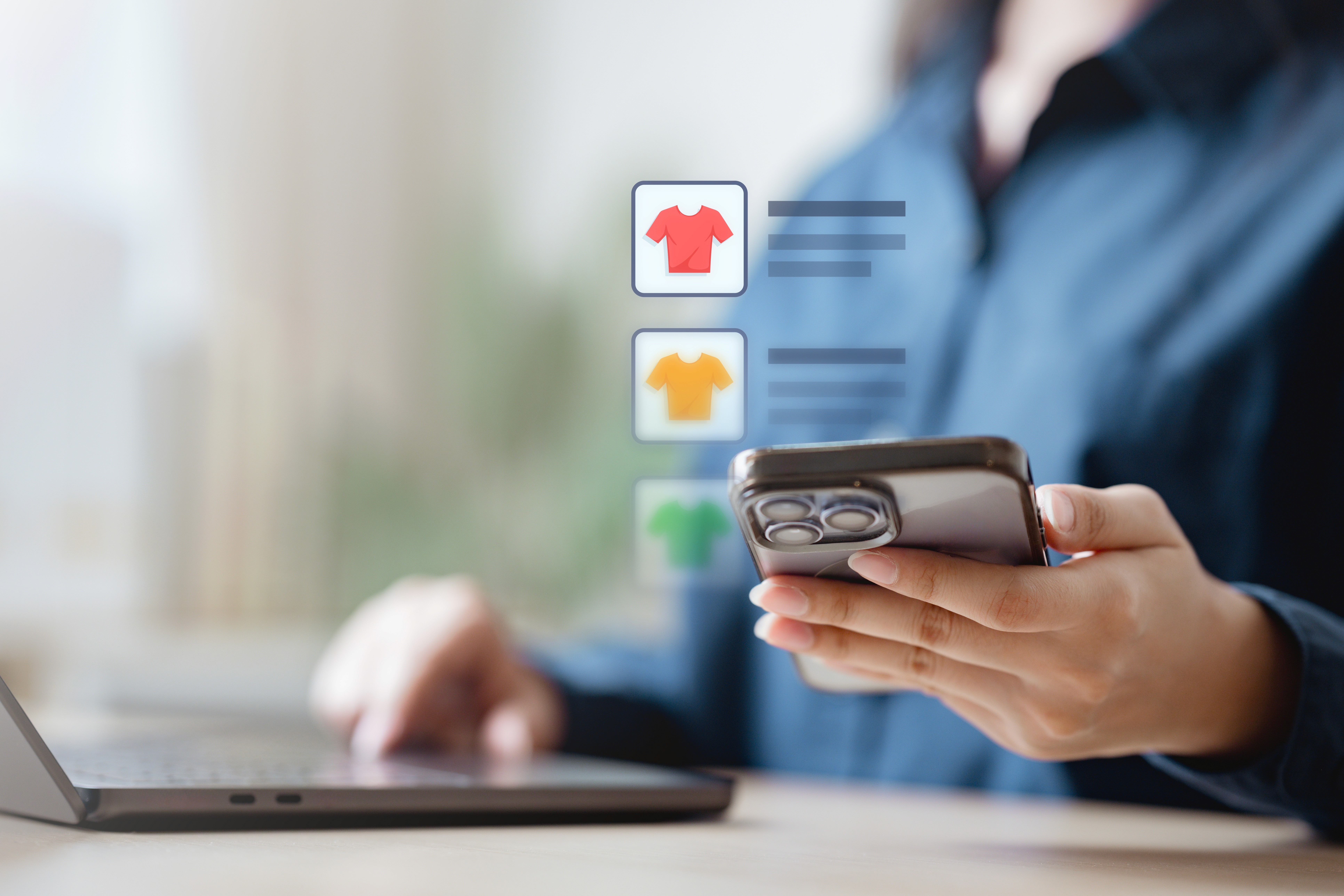 Person shopping online on smartphone with product icons displaying clothing items.