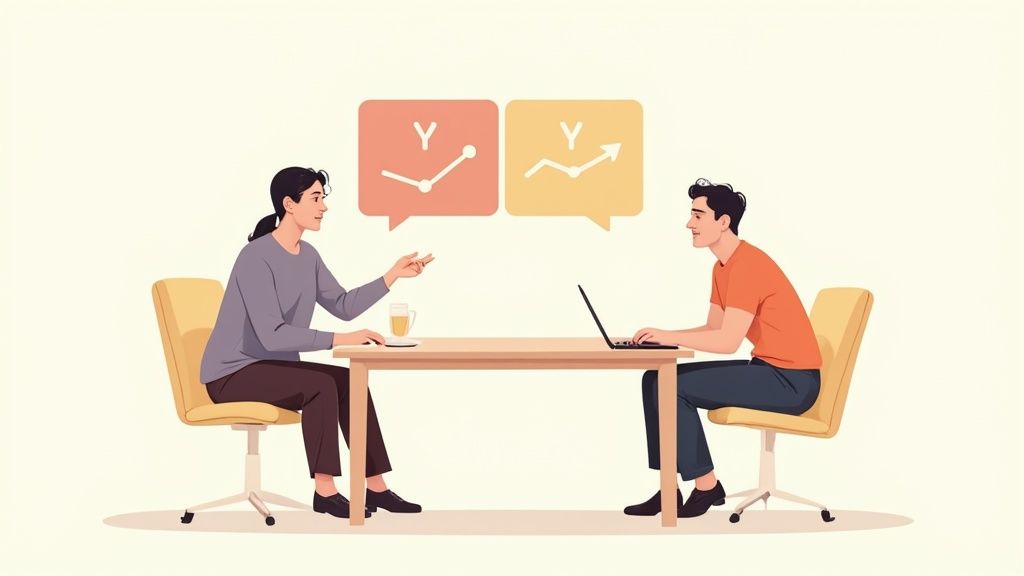 Two colleagues discussing data and trends with speech bubbles, illustrating business communication.