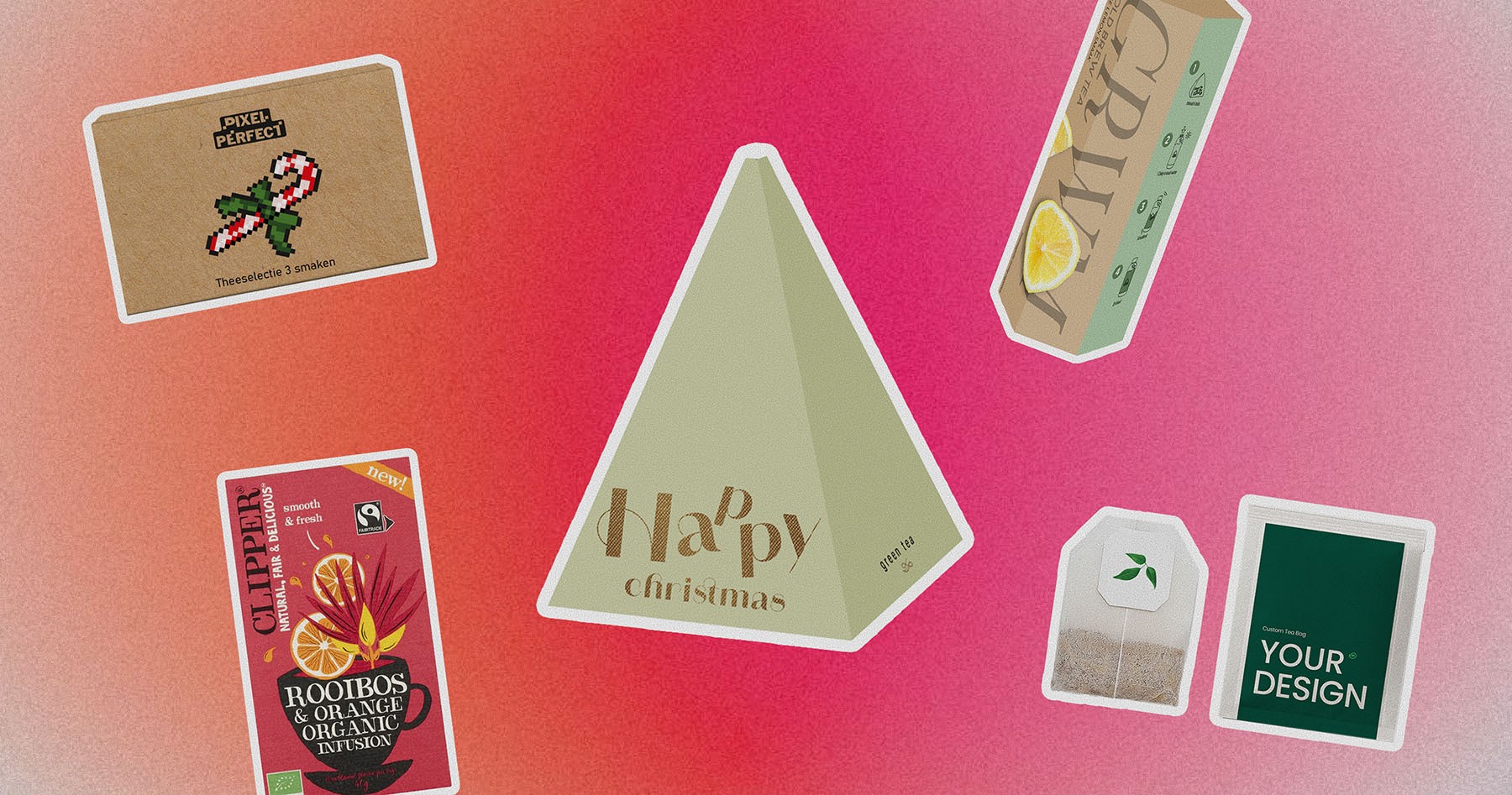 Custom branded tea bags, pyramid boxes, and tea packets from Monday Merch, suitable for Christmas care packages and employee gifts.