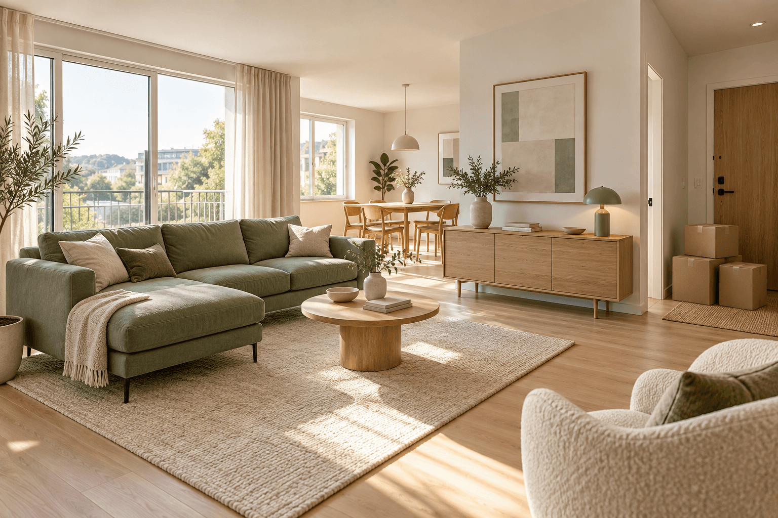 Illustration of furniture arranged in a new apartment with moving boxes by the entry