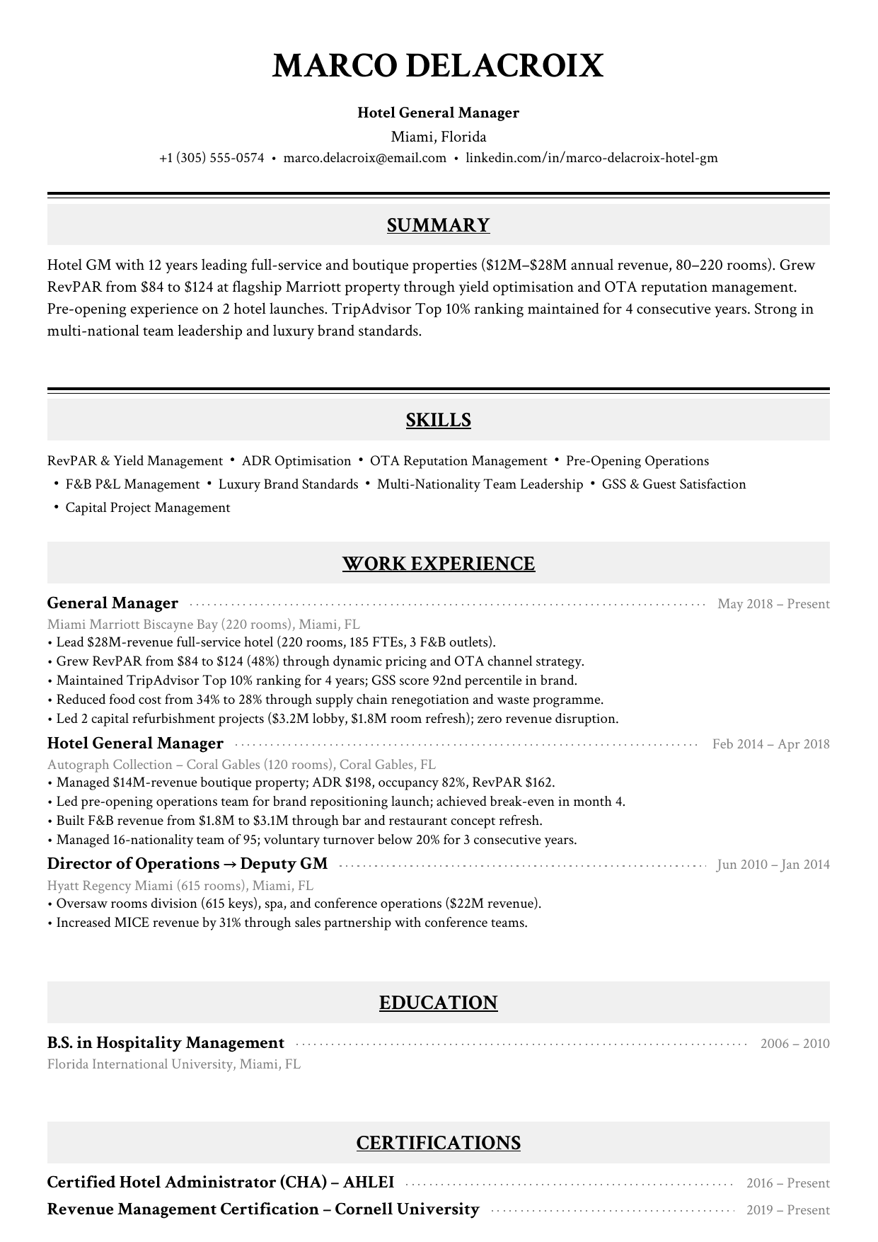 Hospitality general manager resume example