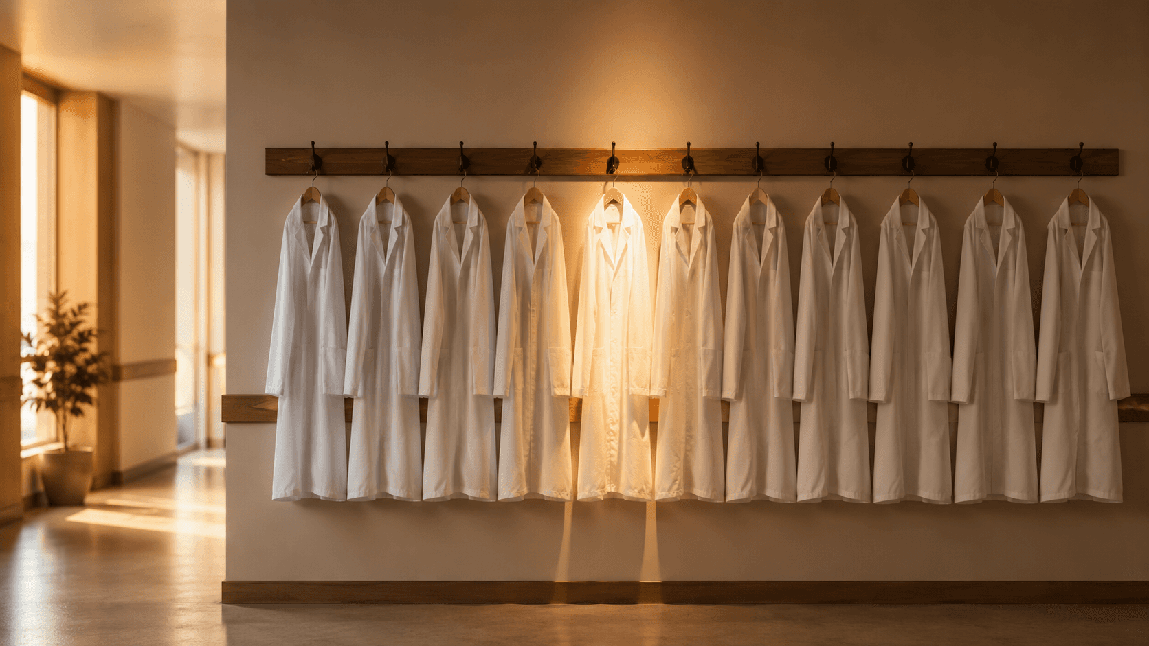 Eleven white coats hanging in a row on a warm clinic wall with one coat near the center catching the light, representing the eleven international graduates who matched into ophthalmology