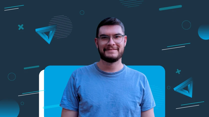 Professional headshot of a man with glasses and a beard in a blue t-shirt, set against a dark blue background with abstract tech shapes.