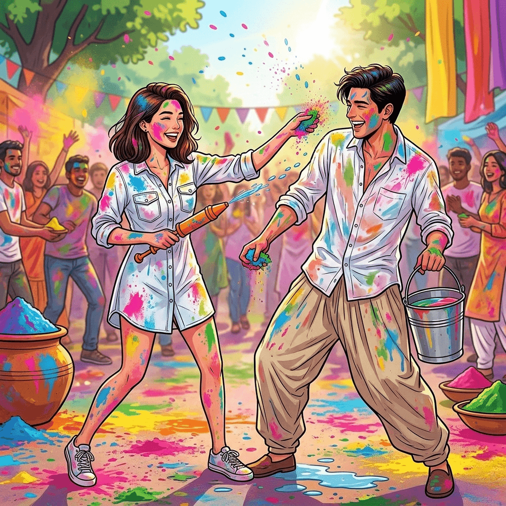 Friends celebrating Holi wearing comfortable outfits that look stylish even after color stains during festival celebrations