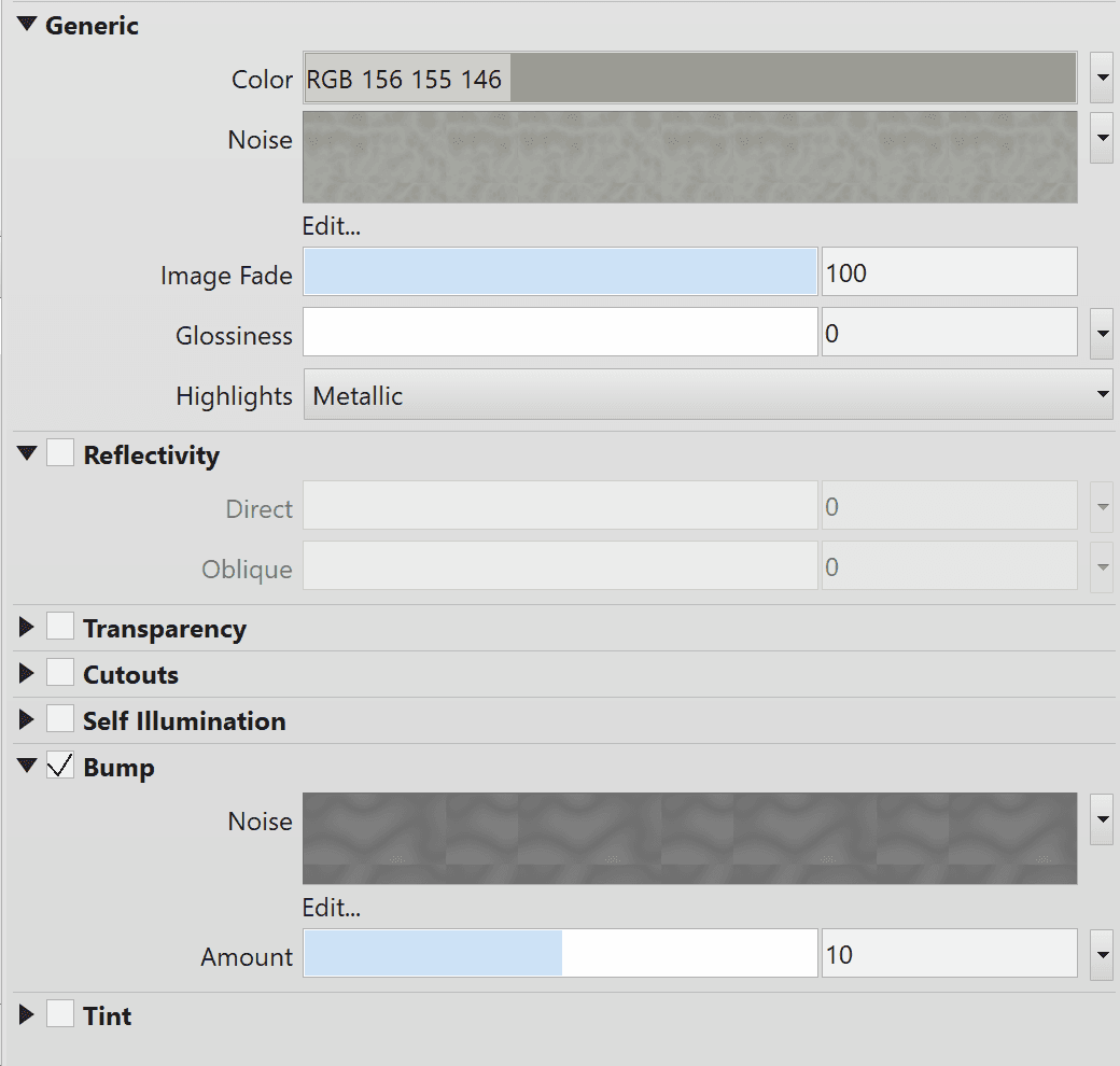 Image and Bump are set as noise functions.