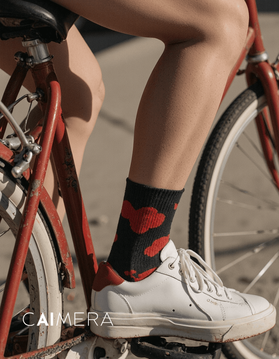 Close-up of white sneaker with black and red patterned sock on vintage red bicycle pedal, creating stylish summer contrast