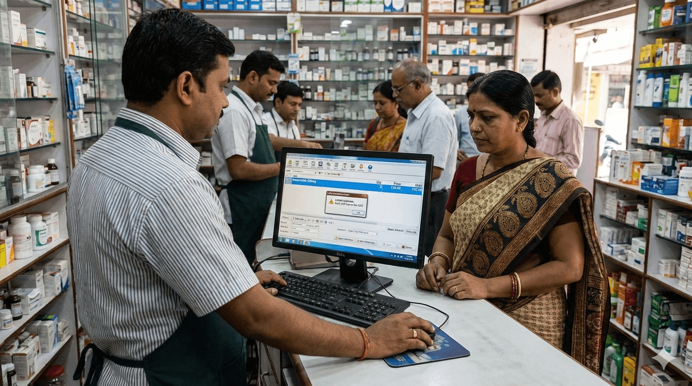 Indian pharmacist seated at a pharmacy workstation using billing software on a desktop computer, with medicine shelves visible in the background.