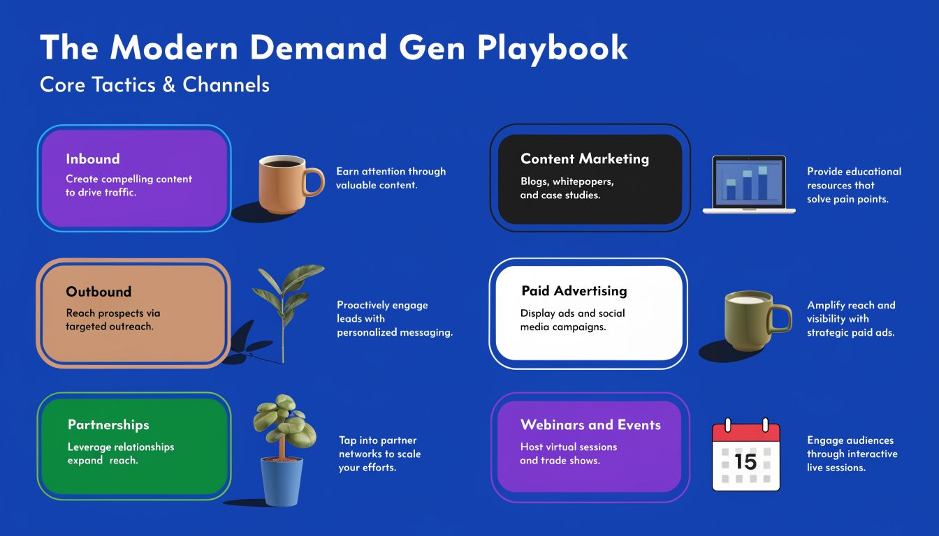 A diagram titled The Modern Demand Gen Playbook showing six core marketing tactics and channels for growth.