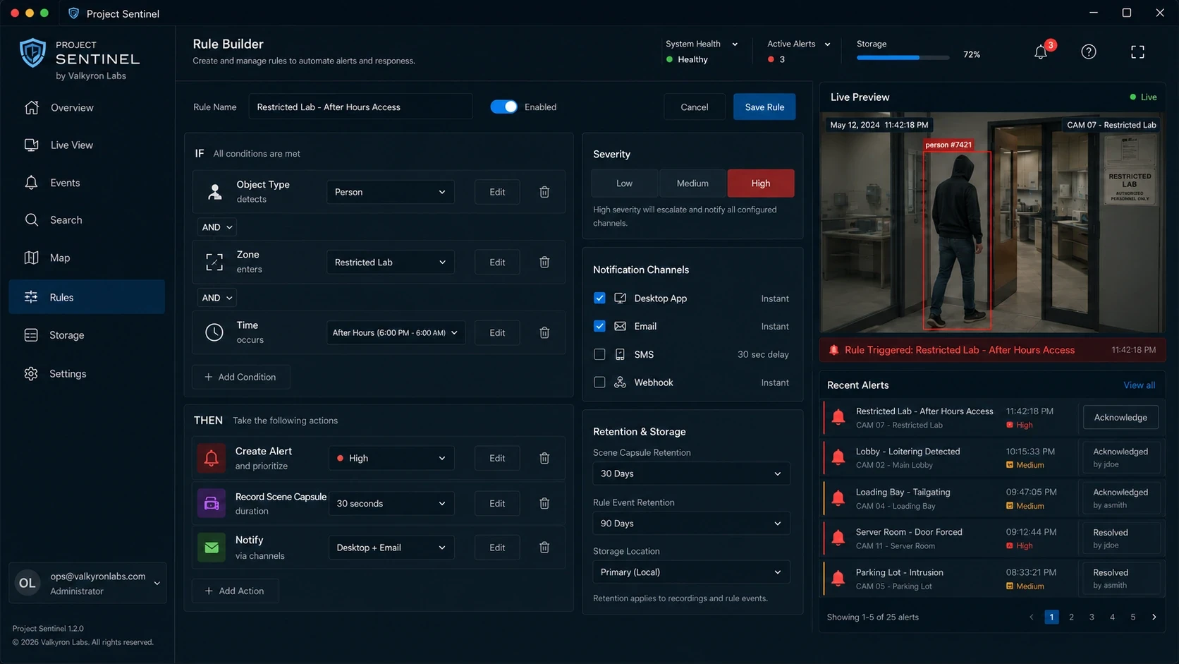 Project Sentinel concept rule builder showing detection conditions, alert severity, notifications, and Scene Capsule recording.
