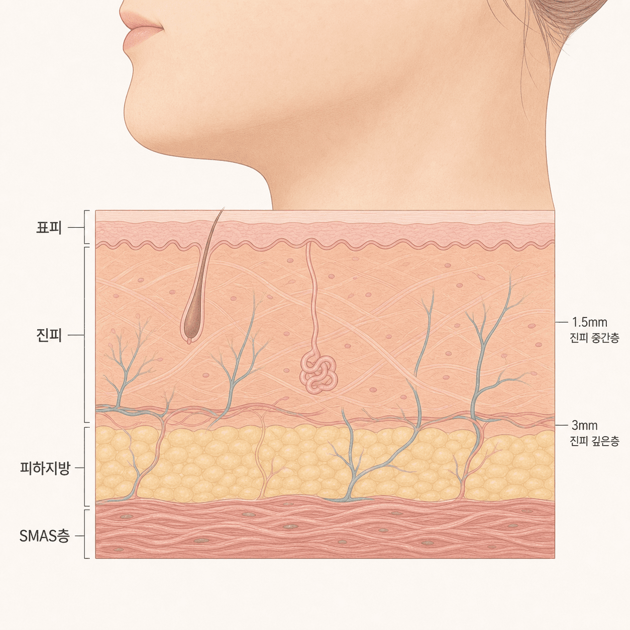 턱 아래 표피부터 SMAS층까지 이어지는 피부 단면