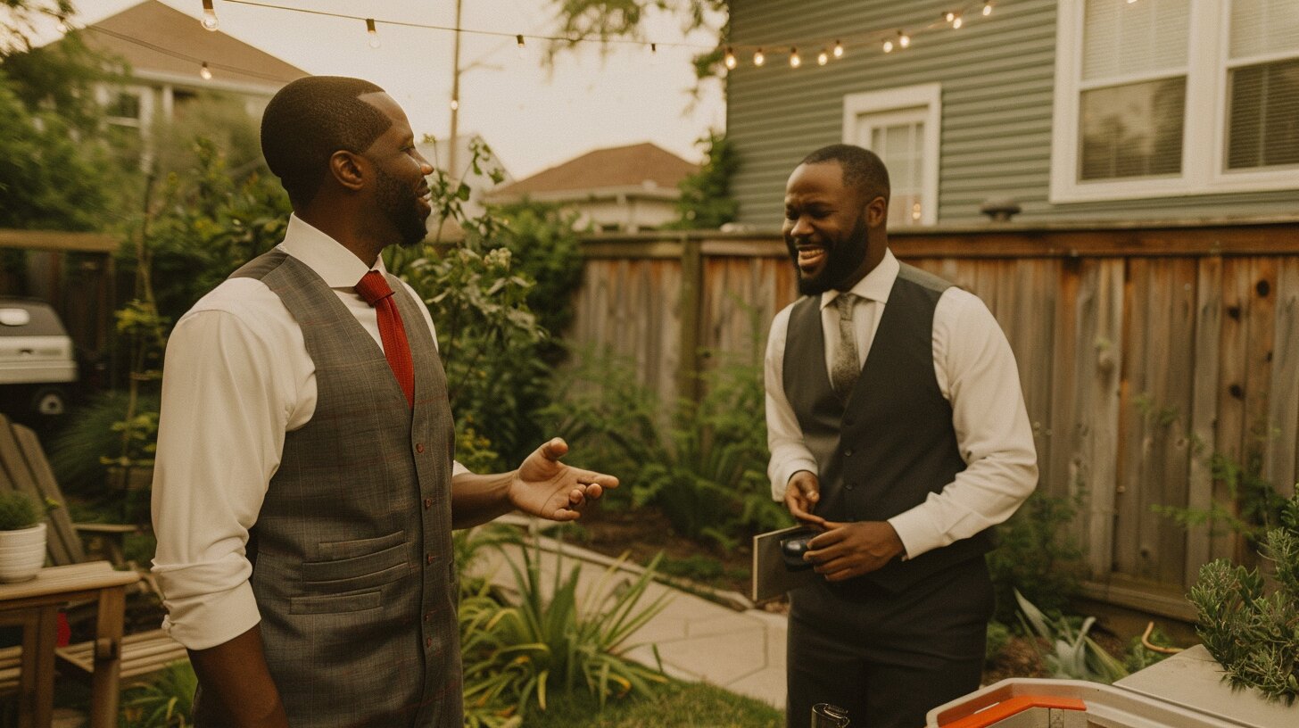 Outdoor private dinner under string lights at a Houston Heights home celebrating neighborhood connection