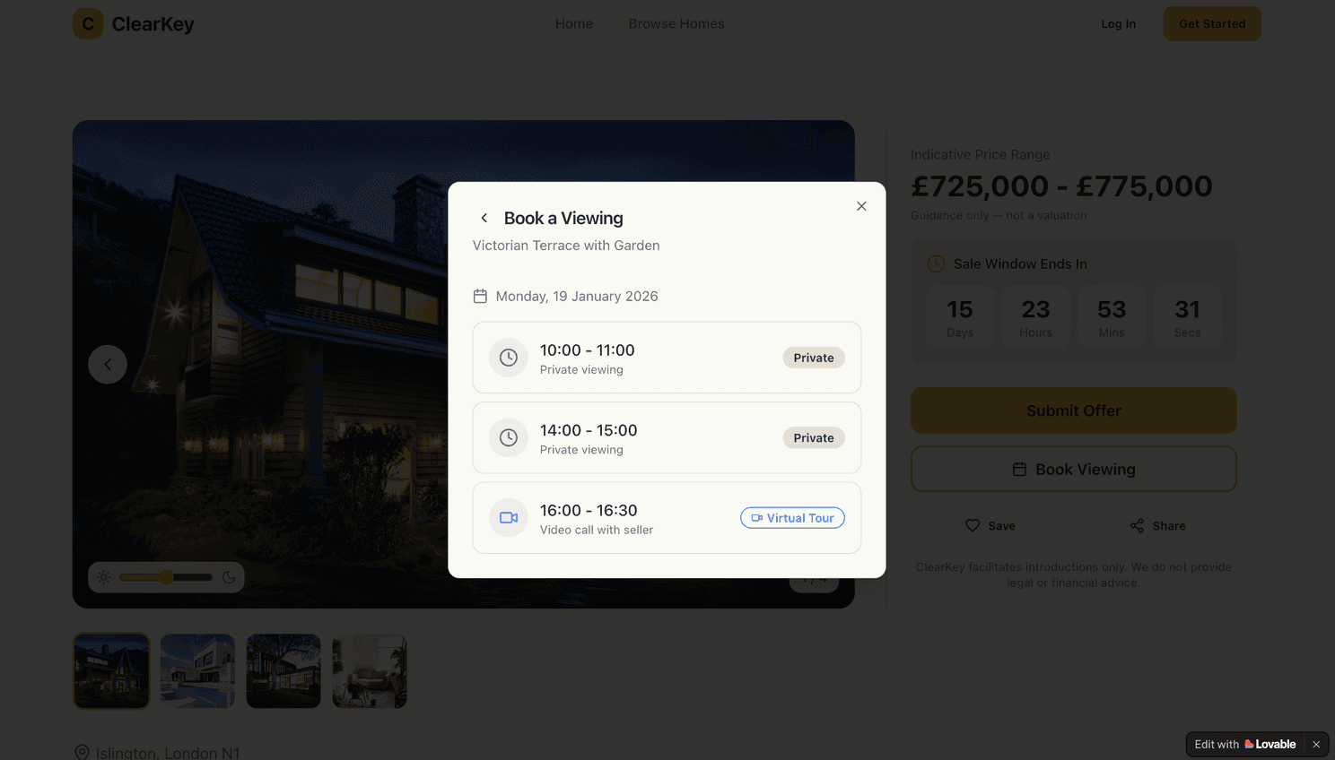 Clearkey viewing booking page
