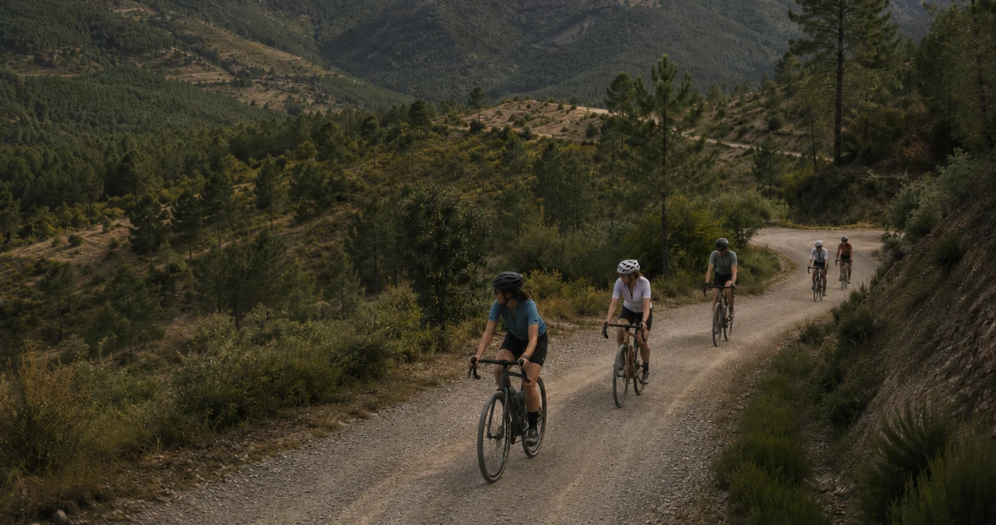 Women cyclists riding on a gravel route.