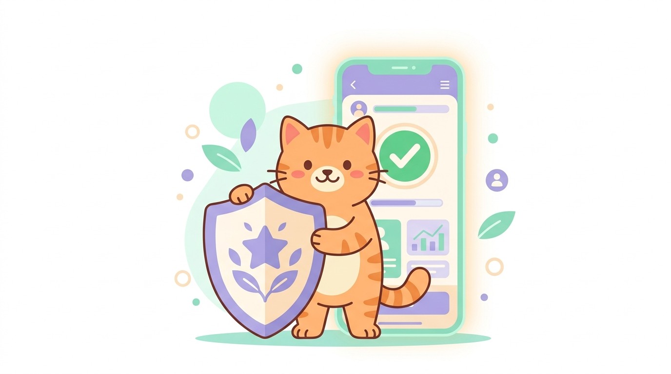 Flat illustration of a cat mascot holding a shield over a phone with a secure app interface