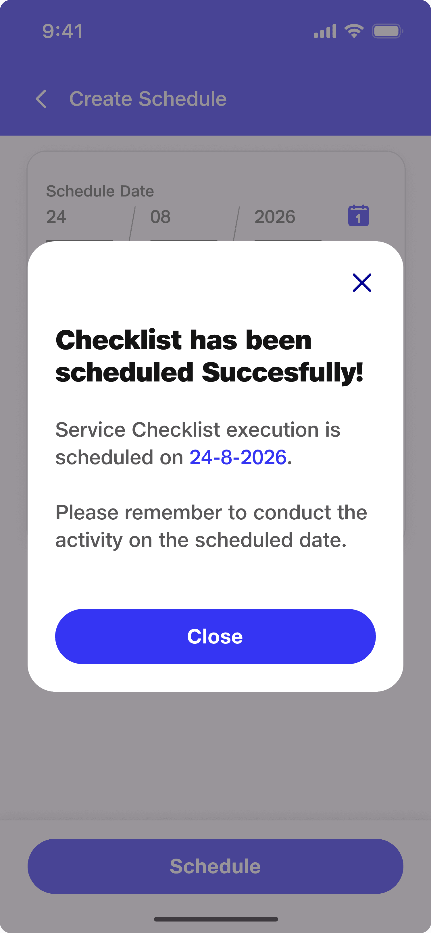 Create Schedule (Success Confirmation Modal)