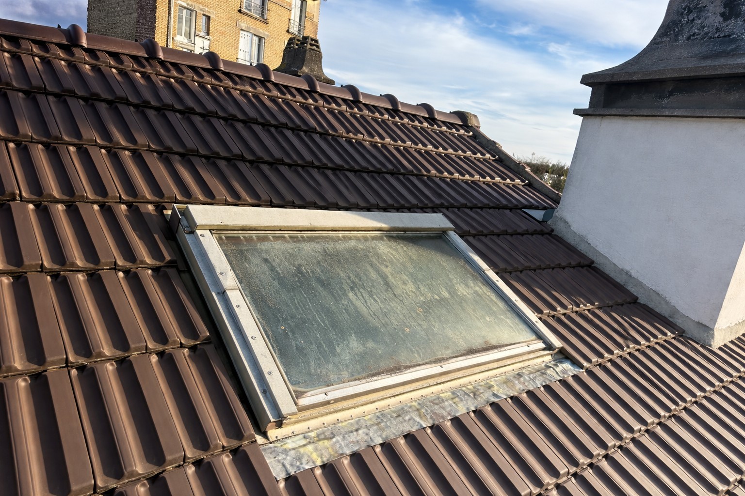 Fenêtre de toit sur toiture en tuiles brunes avec raccord d’étanchéité et cheminée, vue en plein jour