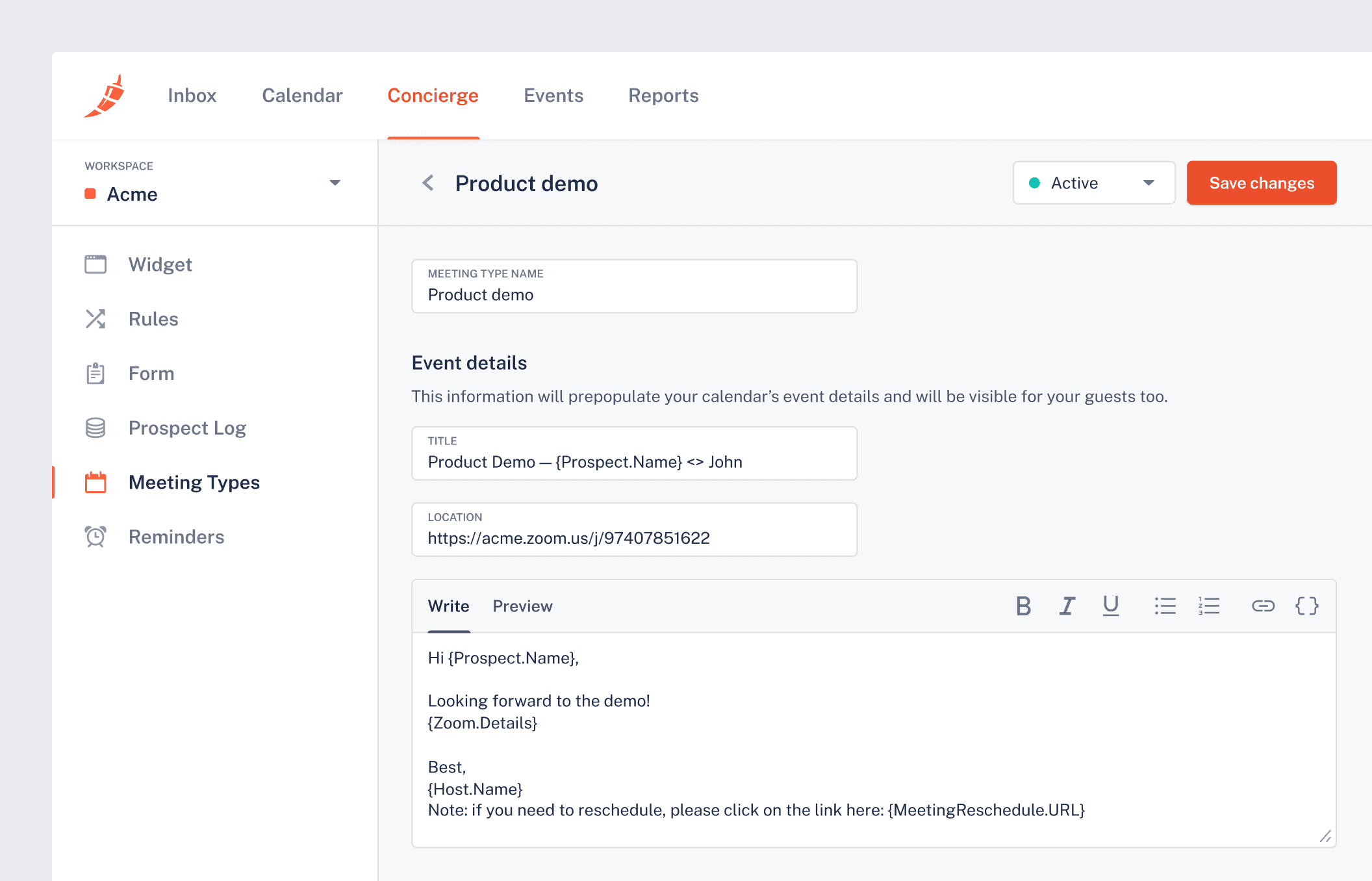 A “Meeting Type” subpage titled “Product demo”. It contains a form to customize the event details like title, location, and description.
