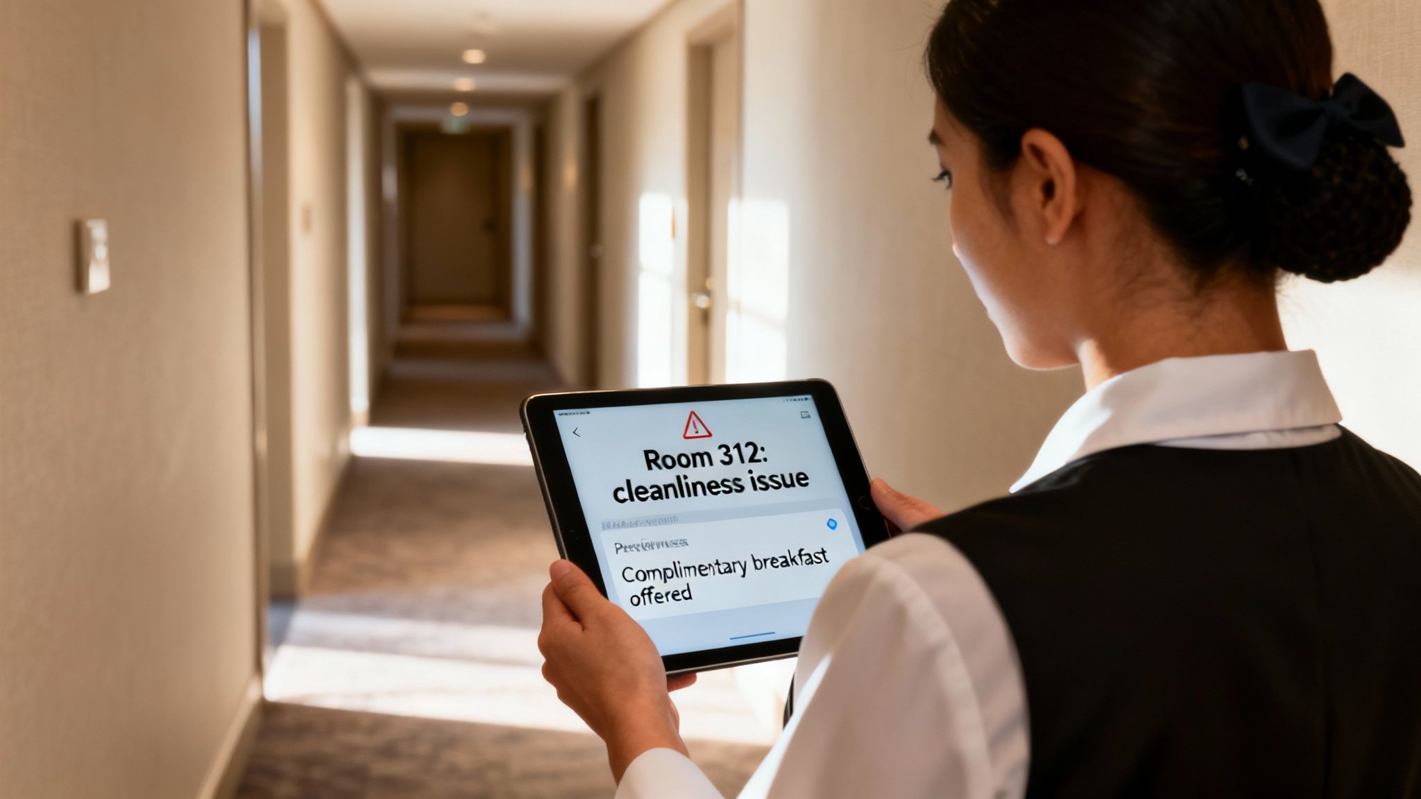 Hotel staff in a hallway checking a tablet displaying a cleanliness issue for room 312.