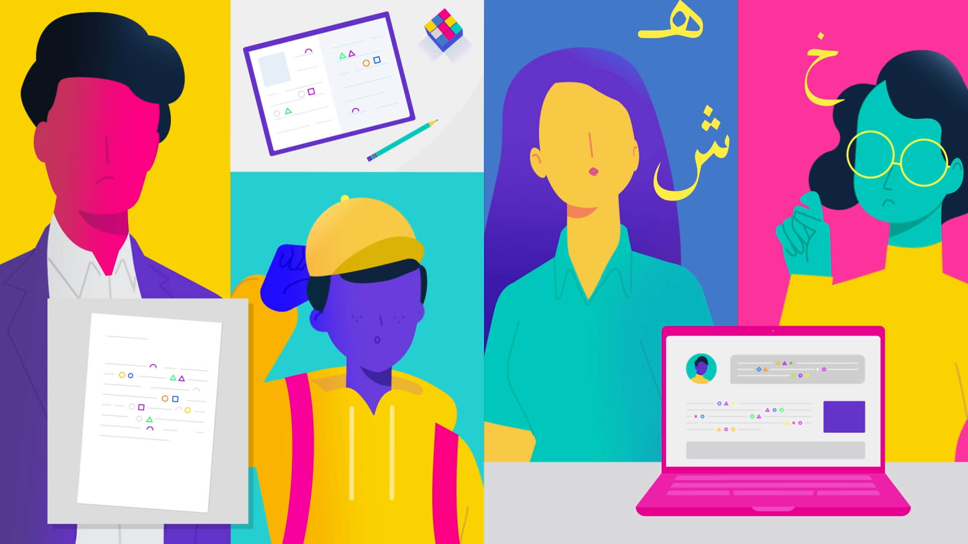 Split screen of many parts presenting stylized and simplified portraits of young, colourful people, one laptop in bright pink and some letters and certificates