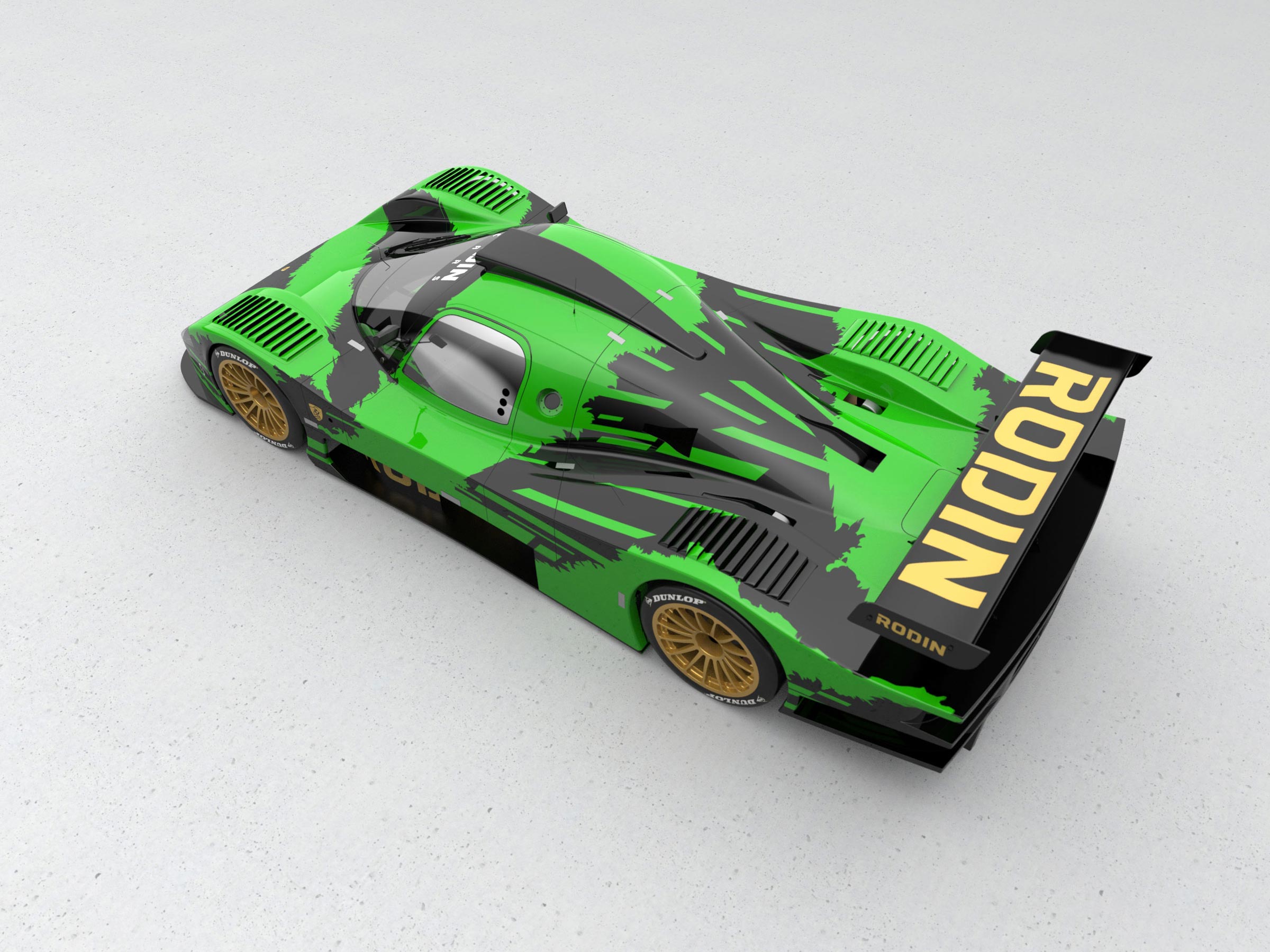 Render of custom livery of the Rodin Sintura, 3/4 top rear view